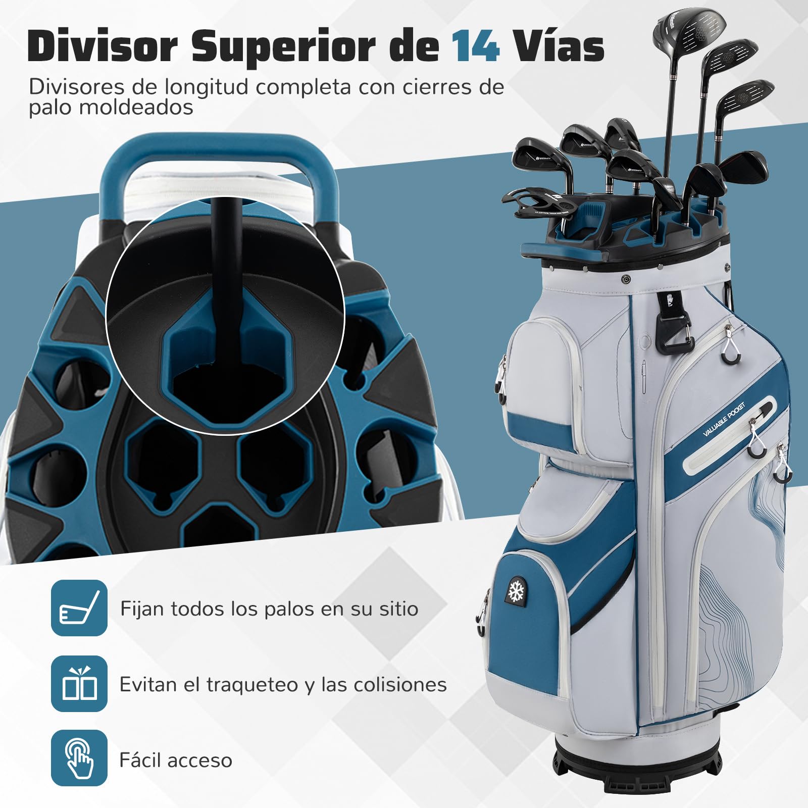 COSTWAY Bolsa Golf 14 Divisores 9 Bolsillas Cremallera Nevera Bolsillo Correa Acolchada Soporte Paraguas Capucha Lluvia Carro Palos