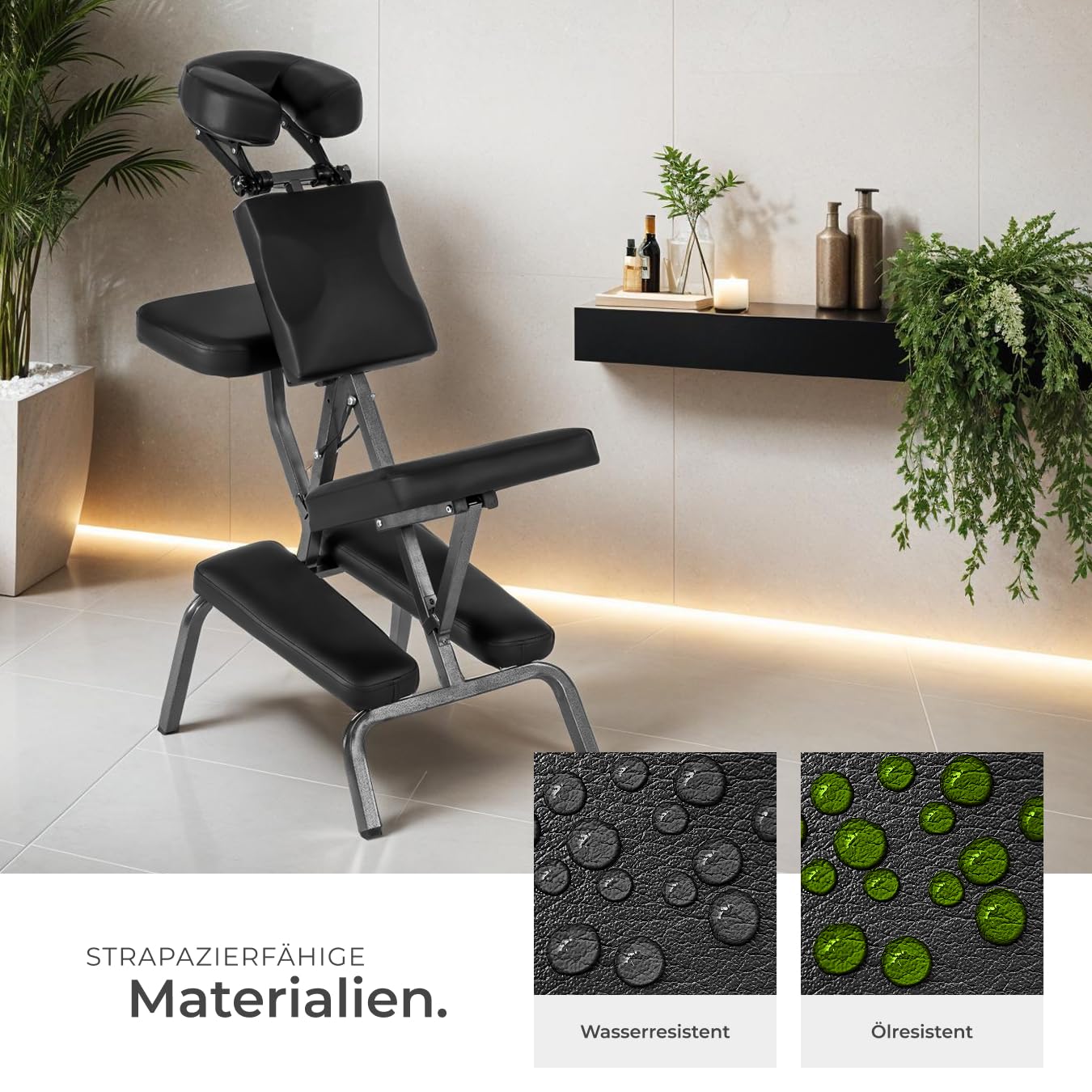 Tectake Massagestuhl klappbar ergonomischer Hocker ohne Armlehne mobil portabel Behandlungsliege zusammenklappbar mit Tragetasche schwarz