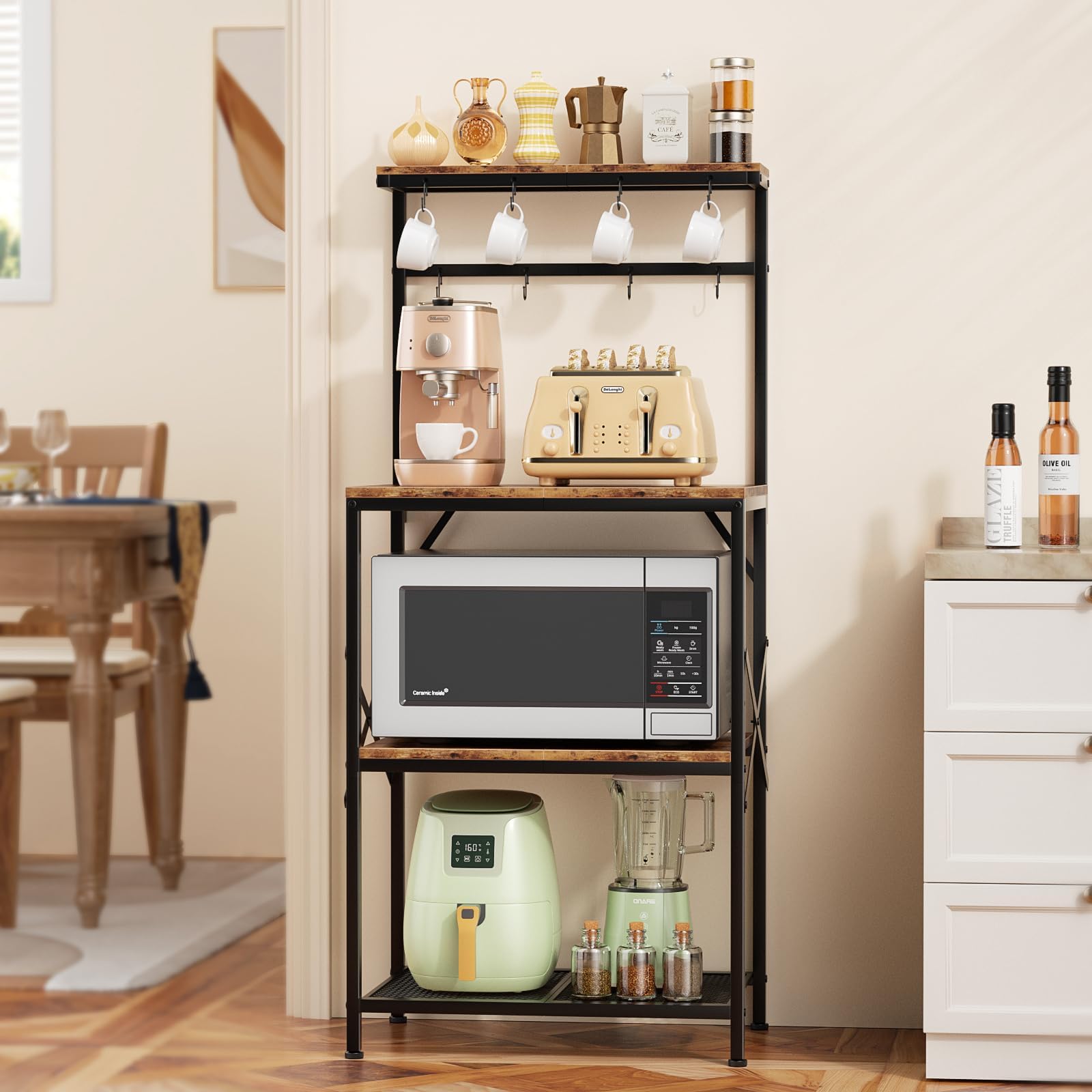 Kitchen Bakers Rack with Storage Shelves, Small Coffee Bar Cart with 8 Hooks, 4 Tiers Microwave Stand Station with Adjustable Shelves, Freestanding Kitchen Appliance Organizer, Rustic Brown