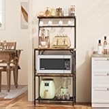 Kitchen Bakers Rack with Storage Shelves, Small Coffee Bar Cart with 8 Hooks, 4 Tiers Microwave Stand Station with Adjustable Shelves, Freestanding Kitchen Appliance Organizer, Rustic Brown