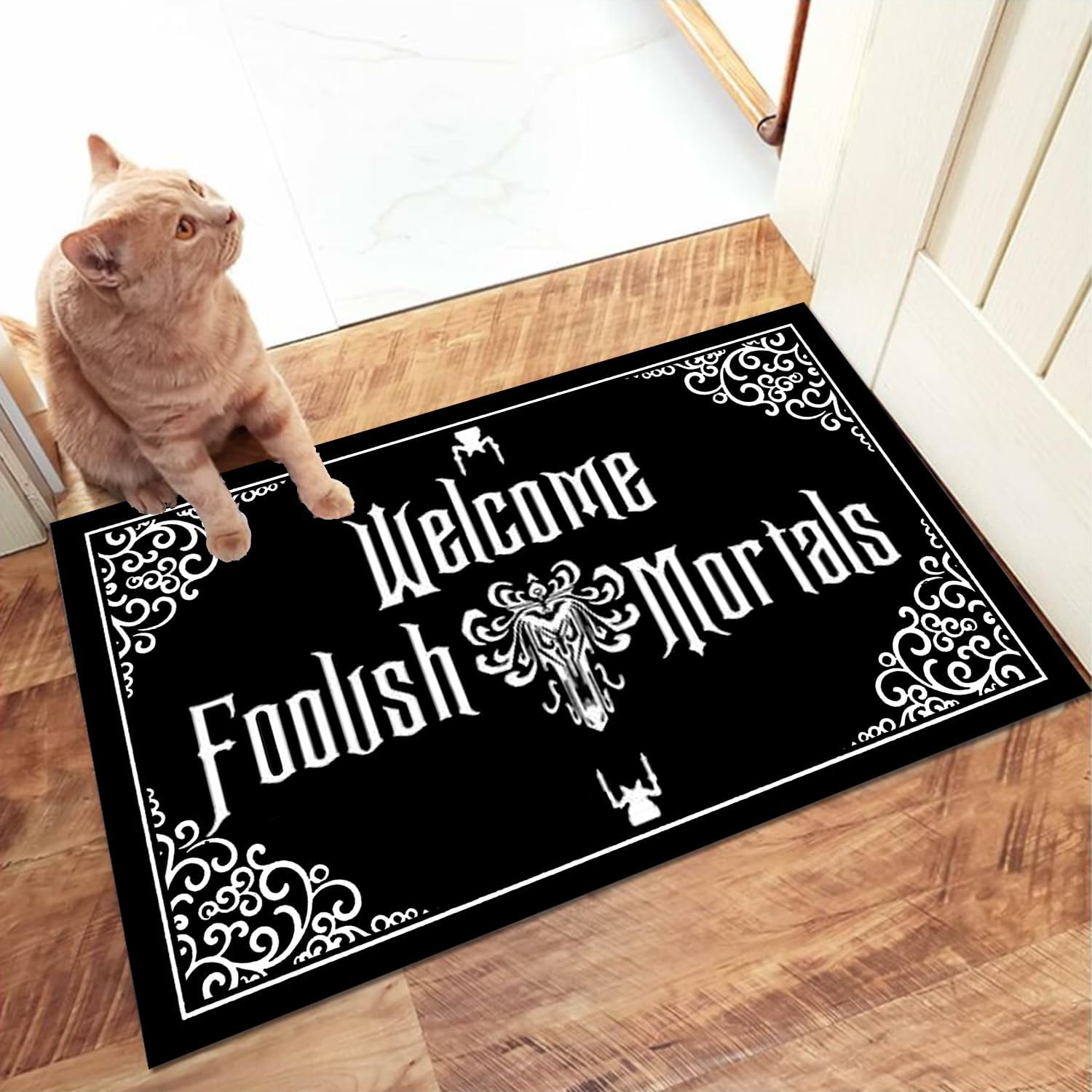 Funny Front Door Mat Welcome Foolish Mortals Mat Rubber Non Slip Backing Funny Doormat for Outdoor/Indoor Uses, Low-Profile Rug Mats for Entry 23.6"(W) X 15.7"(L)