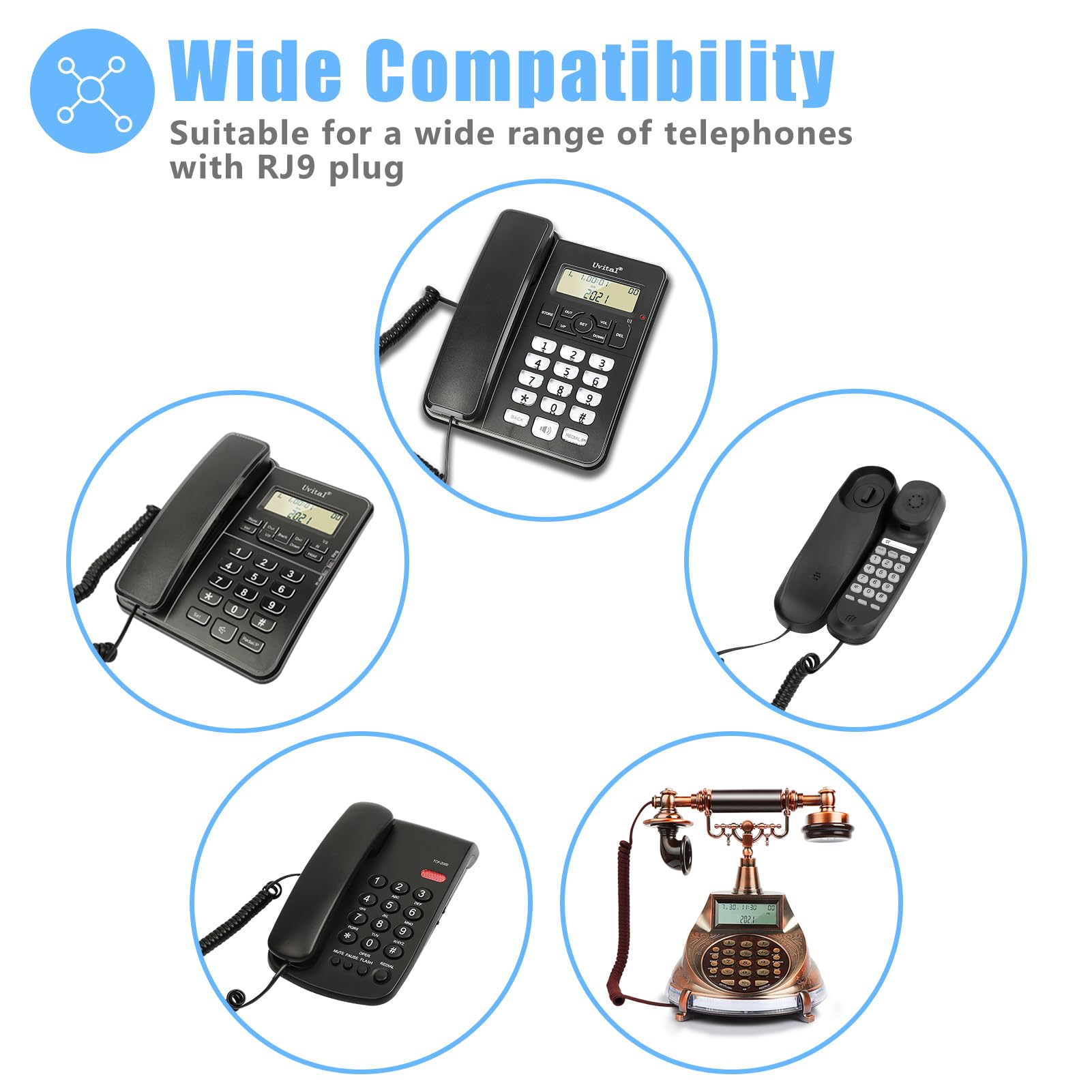 Cable de teléfono para teléfono fijo de 8 pies sin enrollar (2, negro)