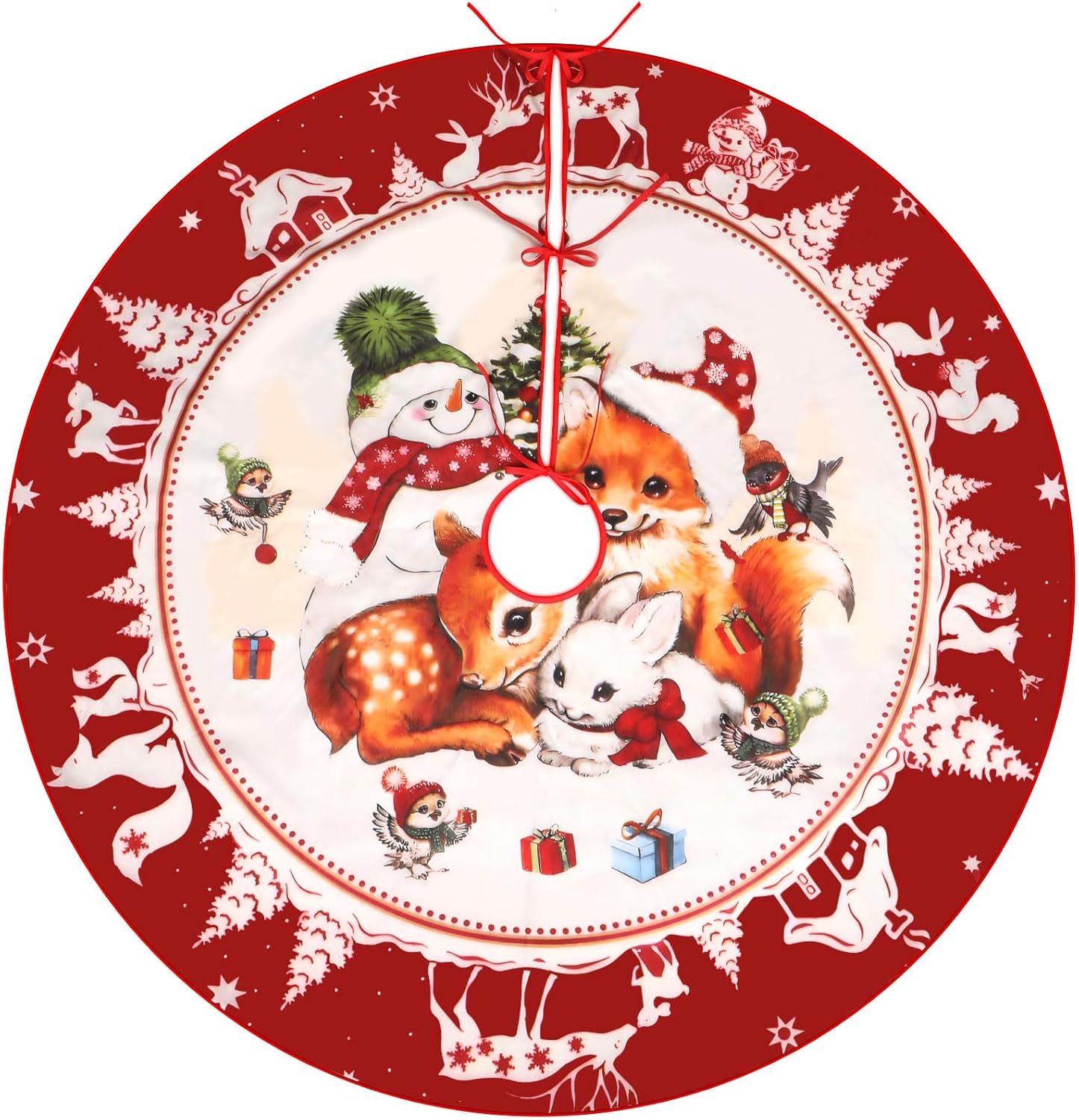 Christmas Tree Skirt 48 inch Christmas Snowman Reindeer Red Xmas Tree Skirt Rustic Christmas Decorations for Merry Christmas Holiday Party Decorations Indoor Outdoor