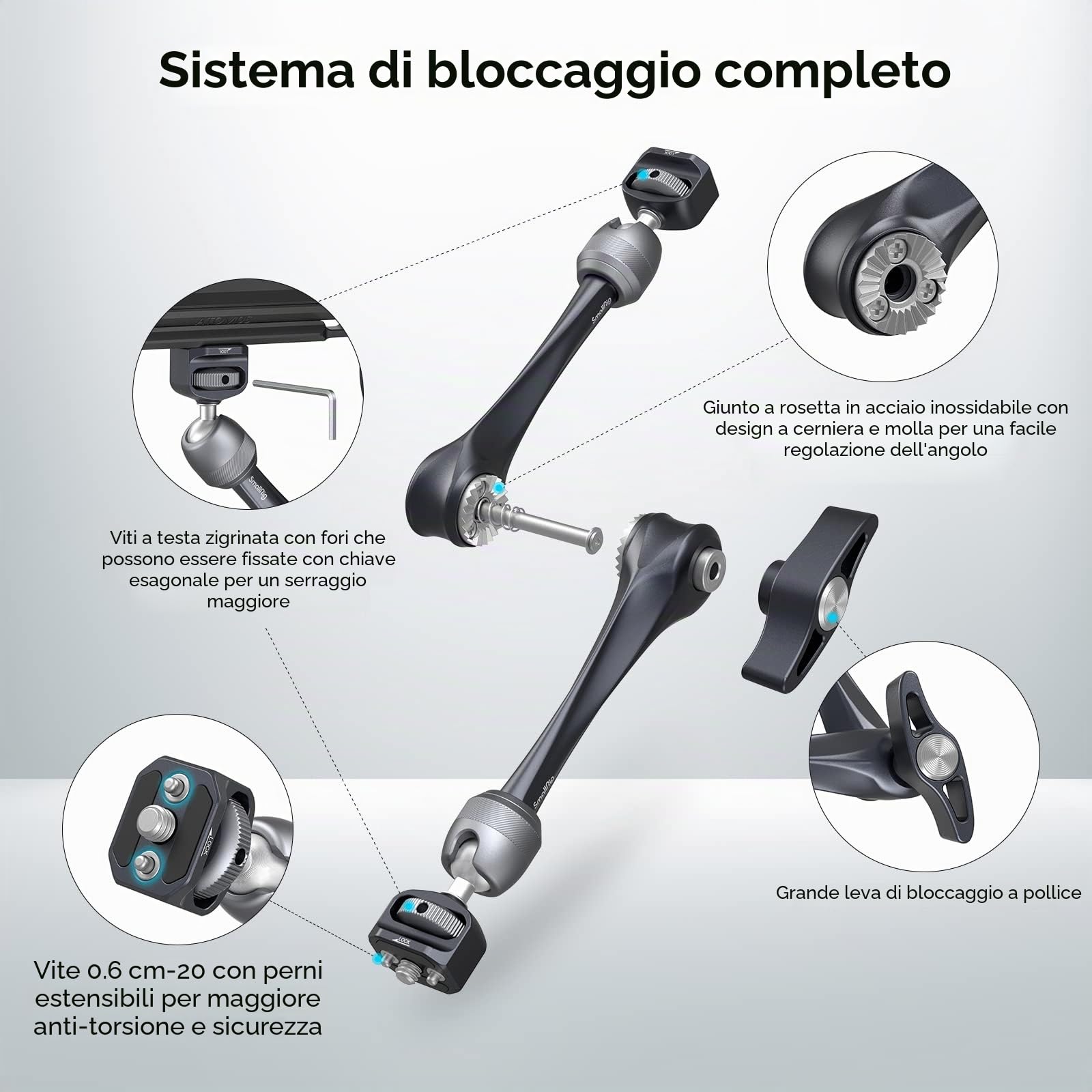 SMALLRIG Rosette Magic Arm 11 Pollici con Testa a Sfera, Viti da 1/4"-20 e Perni Anti-torsione, Capacità di Carico Massima 3 kg per Monitor/Luci LED/Smartphone/Fotocamere d'Zione - 3959