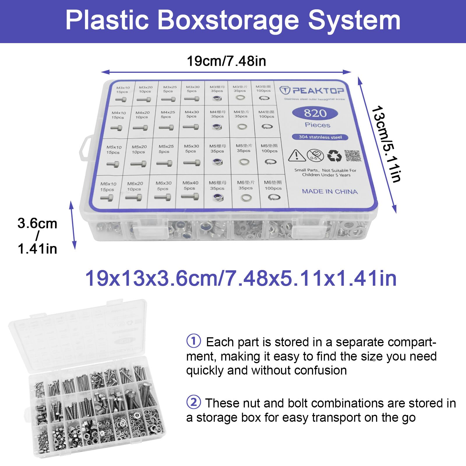 820PCS M3/M4/M5/M6 Nut And Bolt Sets, 304 Stainless Steel Hex Bolts Nuts Washers, Bolts and Nuts Assortment for Bicycle Motorcycle Machine Repair Fastening Accessories