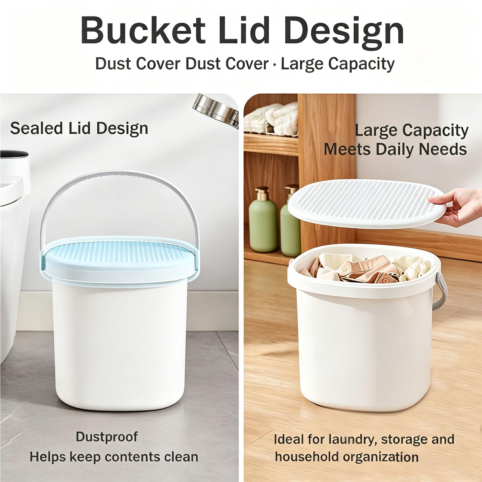 Seau en Plastique avec Couvercle, Rangement Polyvalent Portable (26.5x26x21cm)