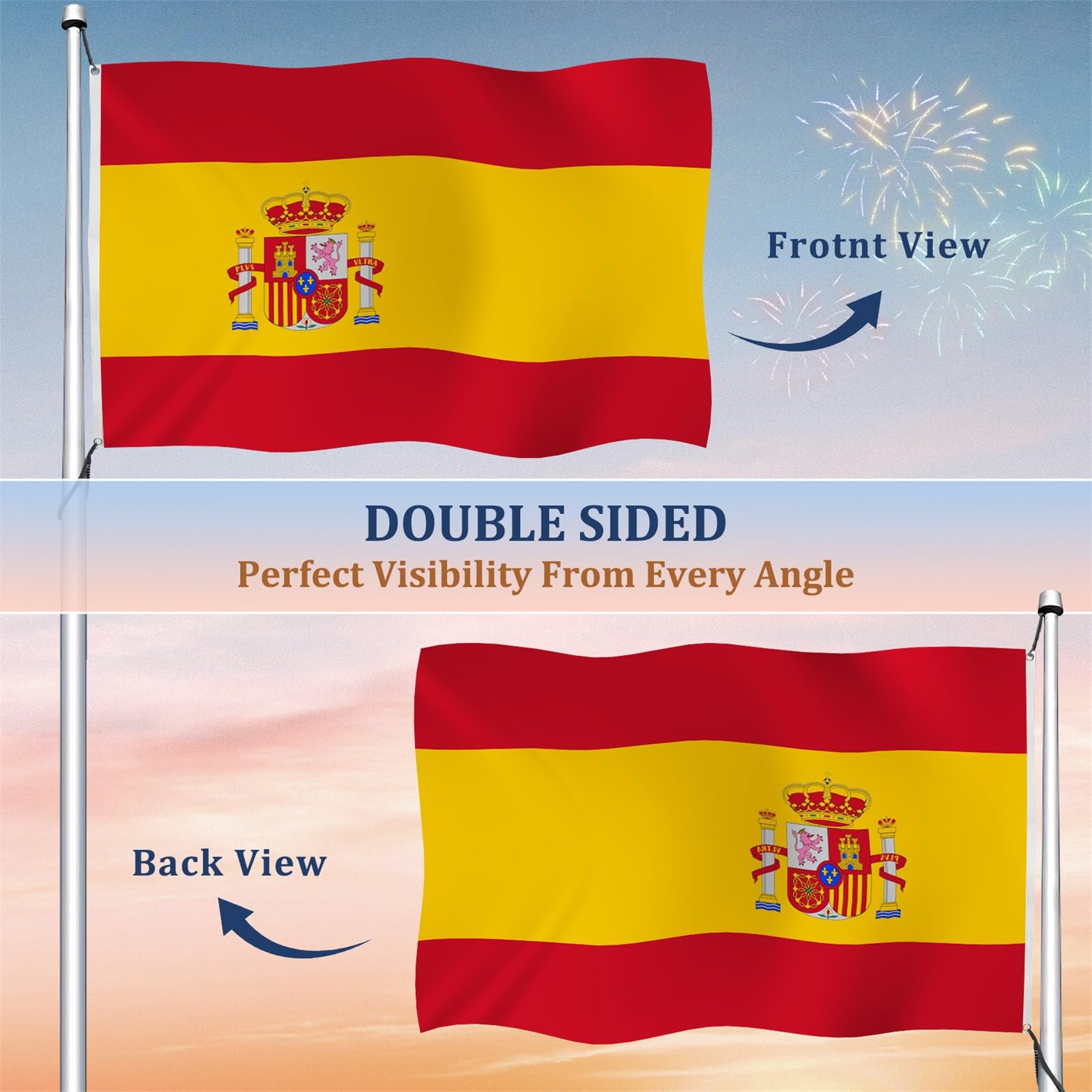 Aoihrraan Bandera Española 180x300cm Doble Cara Brillante Celebración Al Aire Libre De España Agotada En Una Bandera Decorada Con 8 Anillos Fuertes En El Porche