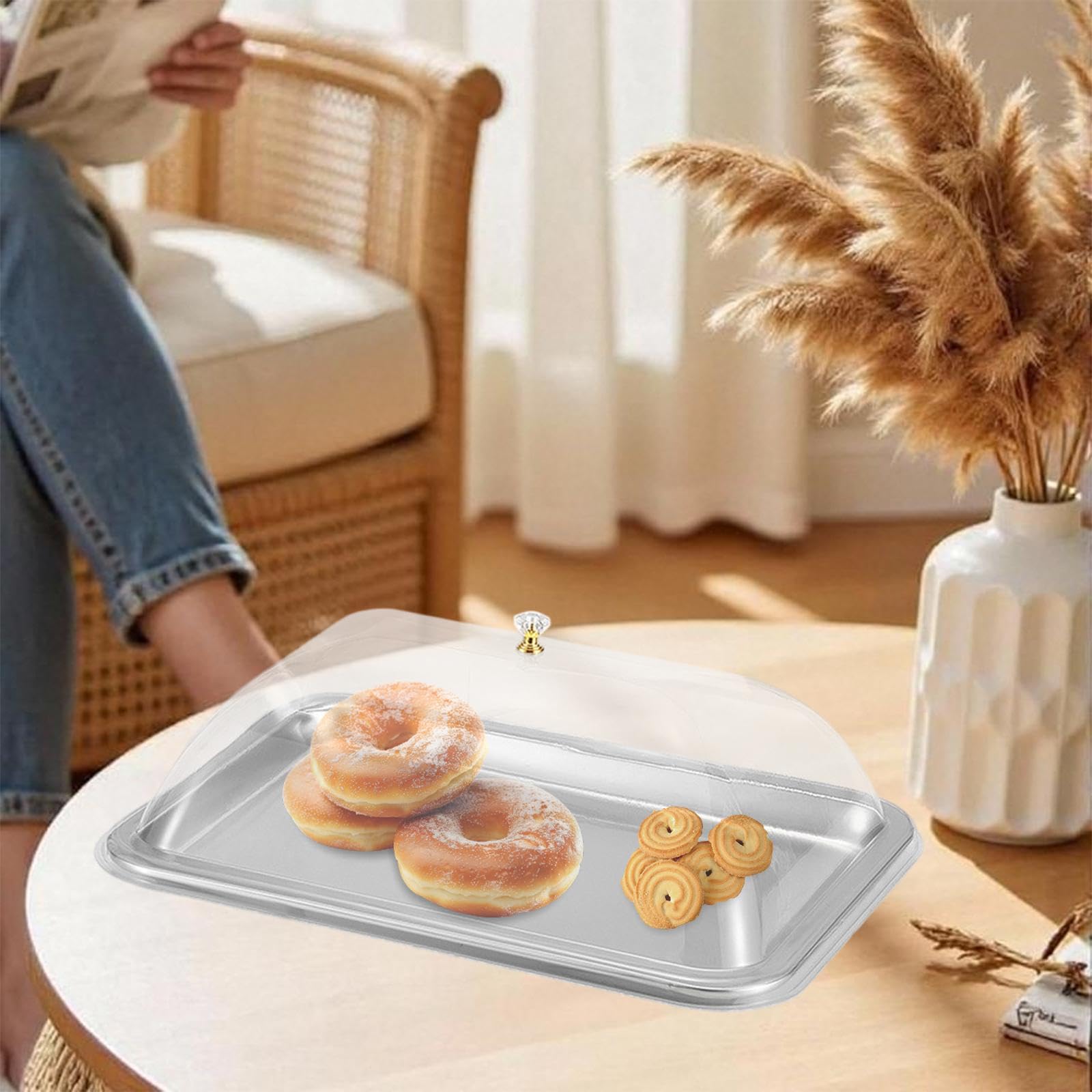 Servierplatte mit Deckel, Rechteckig Edelstahl-Karton-Serviertablett, tragbares Käsebrett für Frühstück & Snacks, Dessertständer, Küchenorganizer für Partys, Hochzeiten, 36x27x2cm