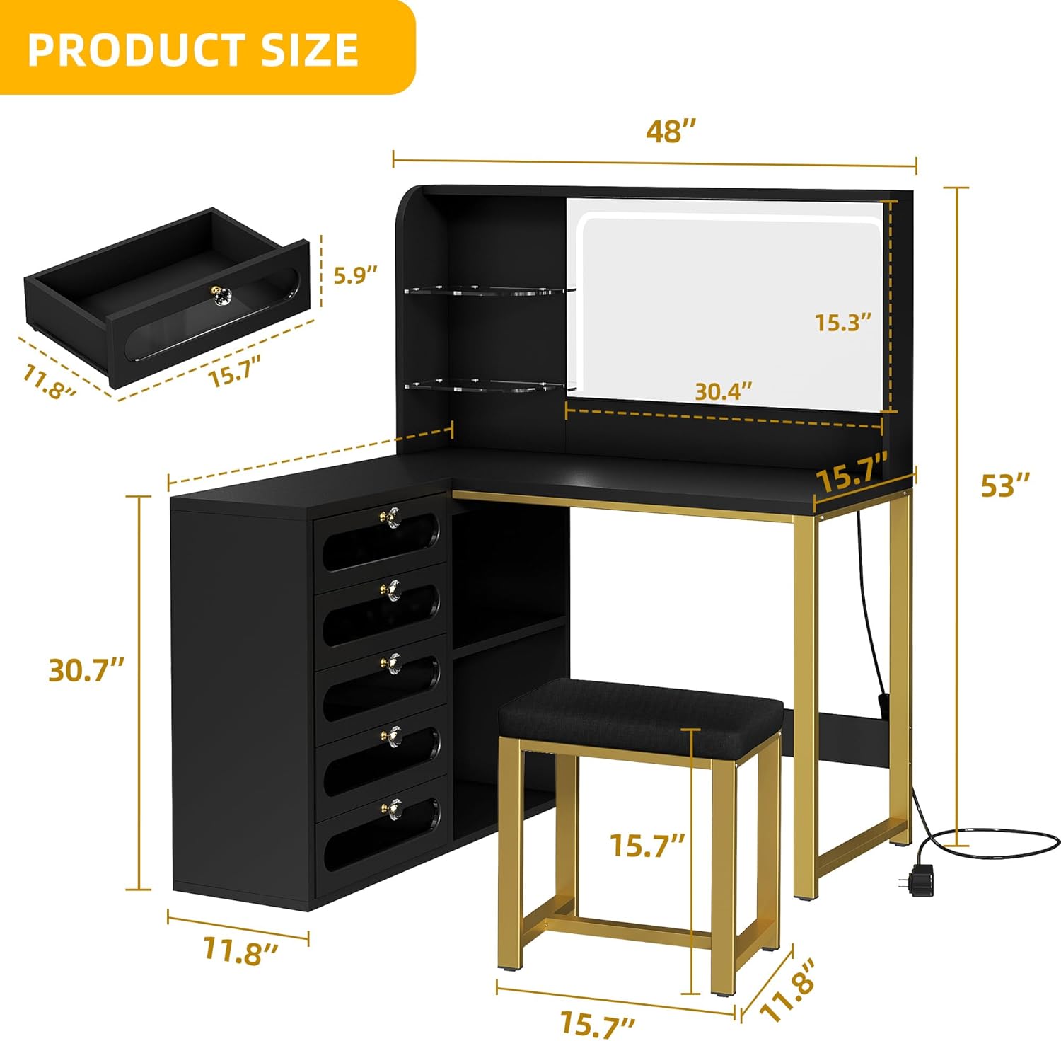 Diagram illustrating the dimensions of the DWVO Corner Makeup Vanity Desk and stool.
