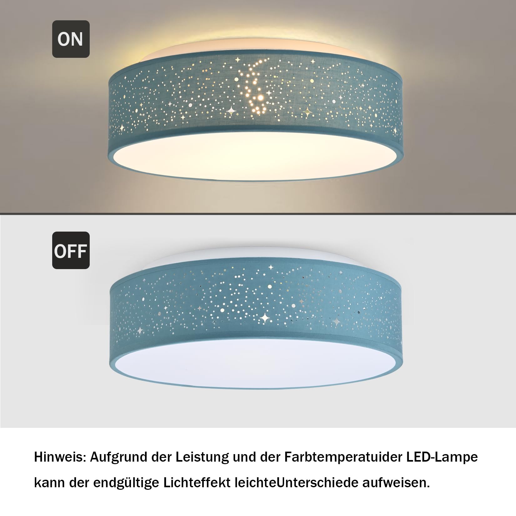 Zedelmaier Deckenlampe Stoff 38cm E27x2 max.40W Deckenleuchte mit Sternenhimmel Wohnzimmer Schlafzimmer Kinderzimmer Flur Küche Lampe Decke Stoffdeckenlampe Rund (Aschblau sterneneffekt, Ø38x12,5cm)