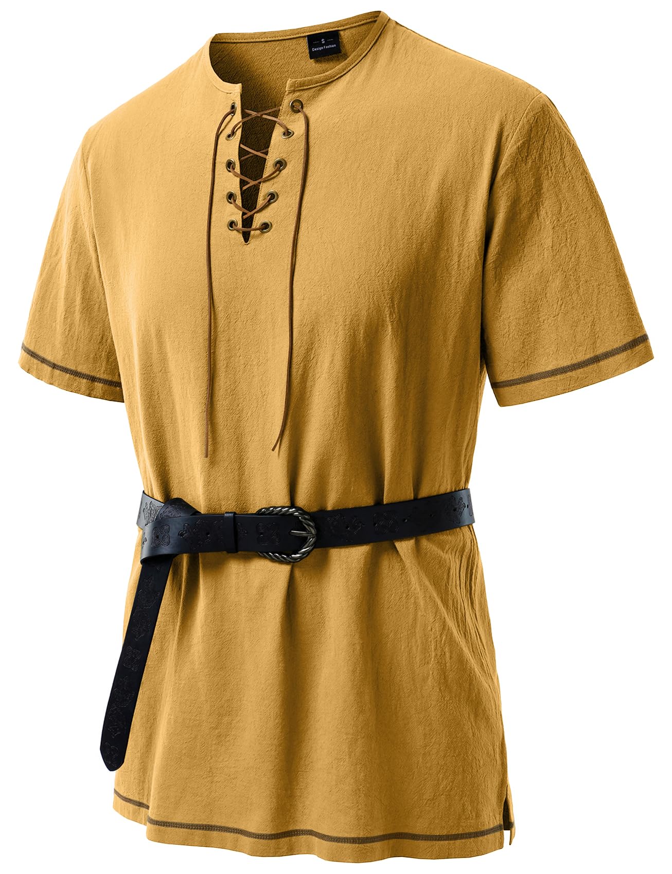 JEMITOP Men's Renaissance Costume Retro Short Sleeves Lace Up Shirts Tunic for Pirate Viking Medieval Halloween Cosplay Without Belt Yellow M