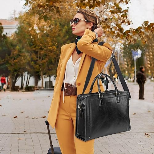 Miniatura 3 de Banuce Maletín de cuero italiano de granos completos genuinos para mujeres, bolsa de trabajo para computadora portátil de 15.6 pulgadas, color negro