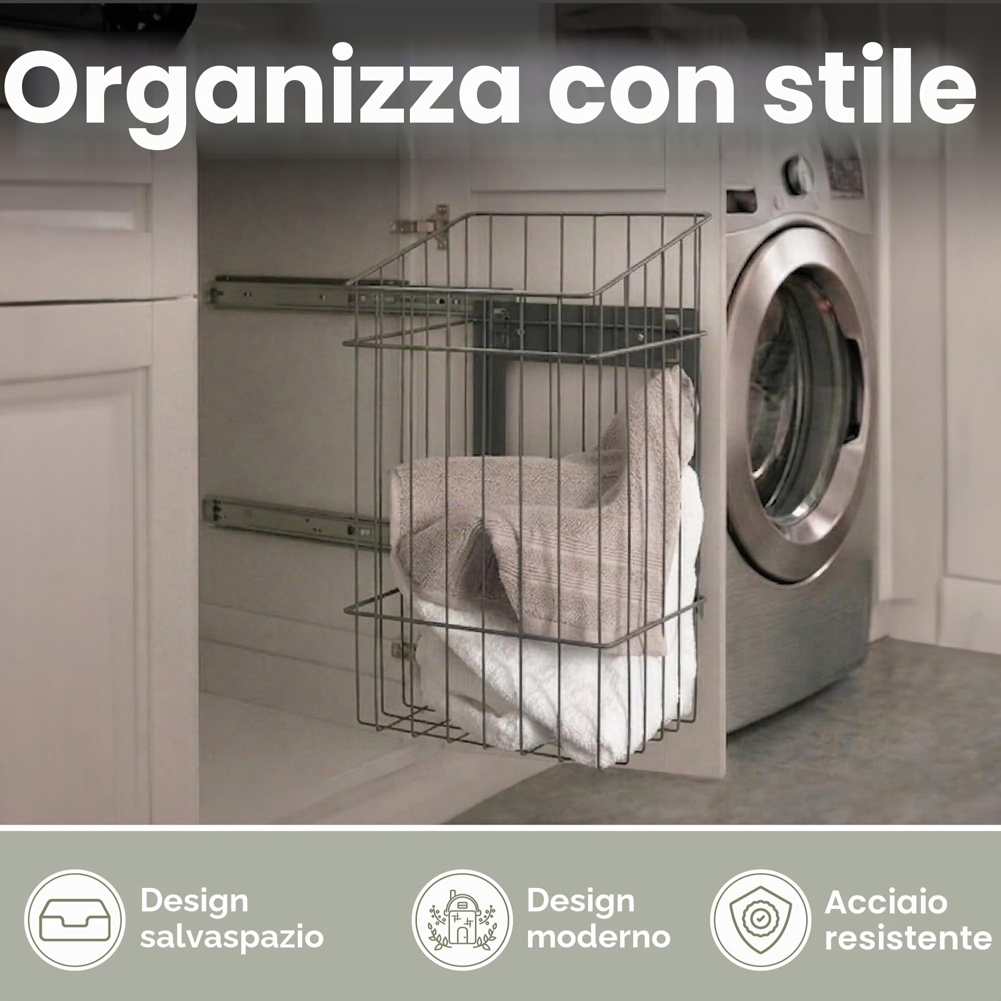 LM 683 - Cesto portabiancheria per armadio, sottile e alto allungabile con binari, organizer per la biancheria da installare in un armadio, armadietto, armadio, grigio antracite