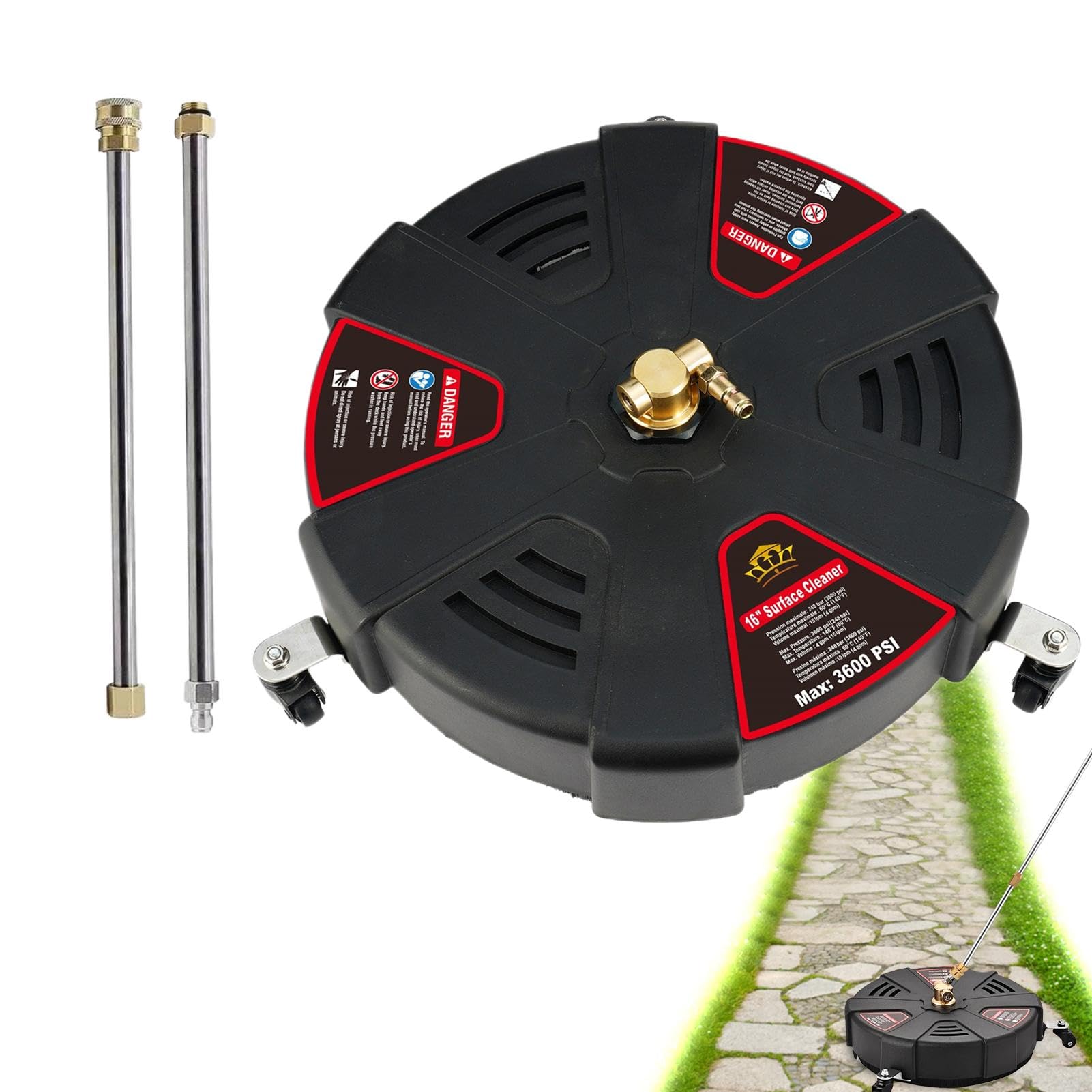 Limpiador de Superficies para Exteriores, Limpiador de Superficies de 1/4 Conexiones, Herramienta de Limpieza, 2 boquillas de Alta presión, Limpiador de Superficies de Acero Inoxidable con 3 Ruedas