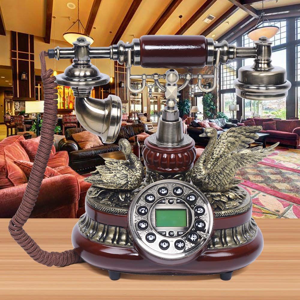 Vintage Deko Retro Telefon Festnetztelefon mit Antik-Telefon Schnurgebundenes Freisprechfunktion Harzimitat Holz Anrufer-ID ideal für Wohnzimmer oder Büro