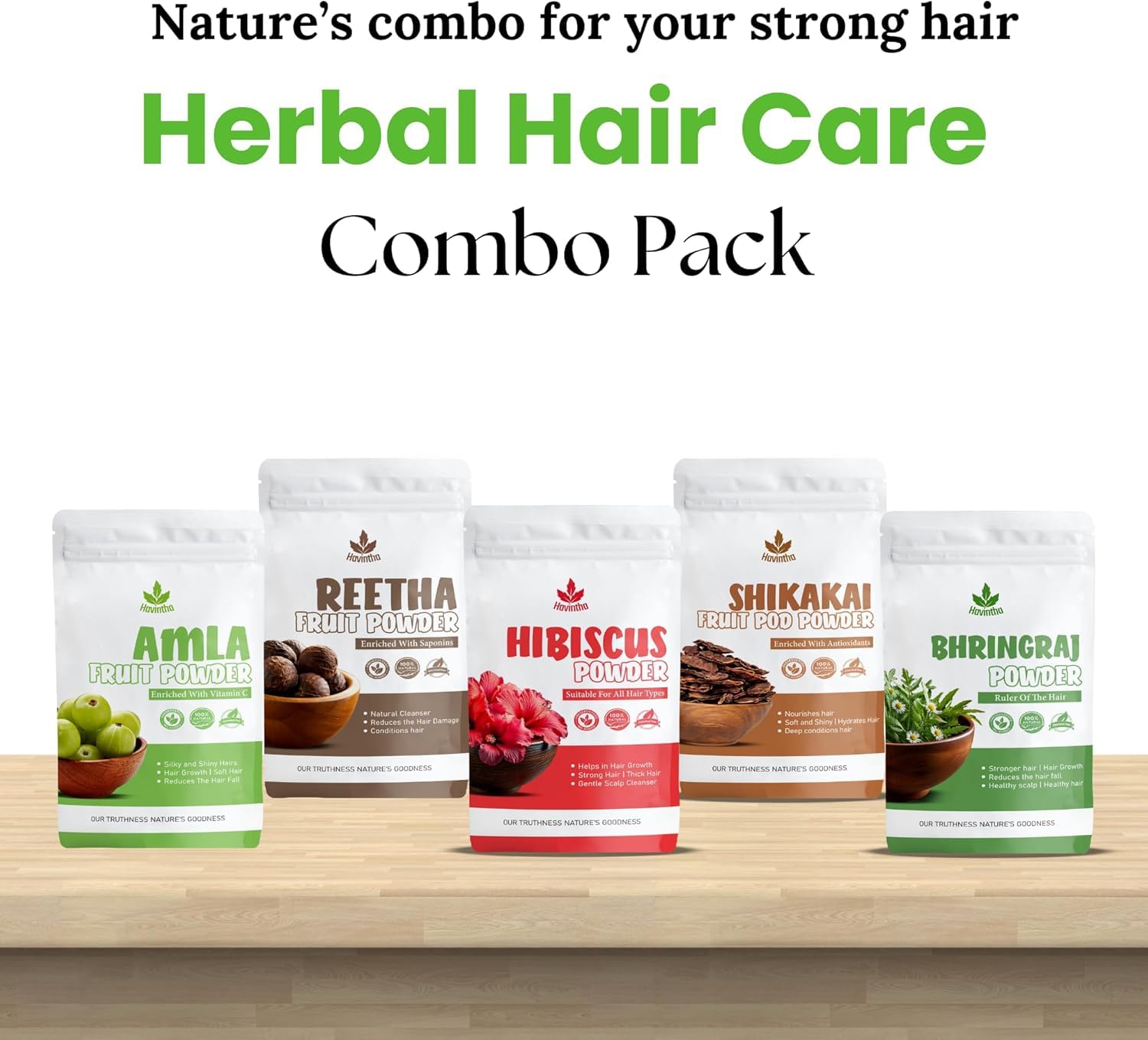 Havintha Amla, Reetha, Shikakai, Bhringraj e Hibisco en polvo para el cuidado del cabello (cada uno 50 g)