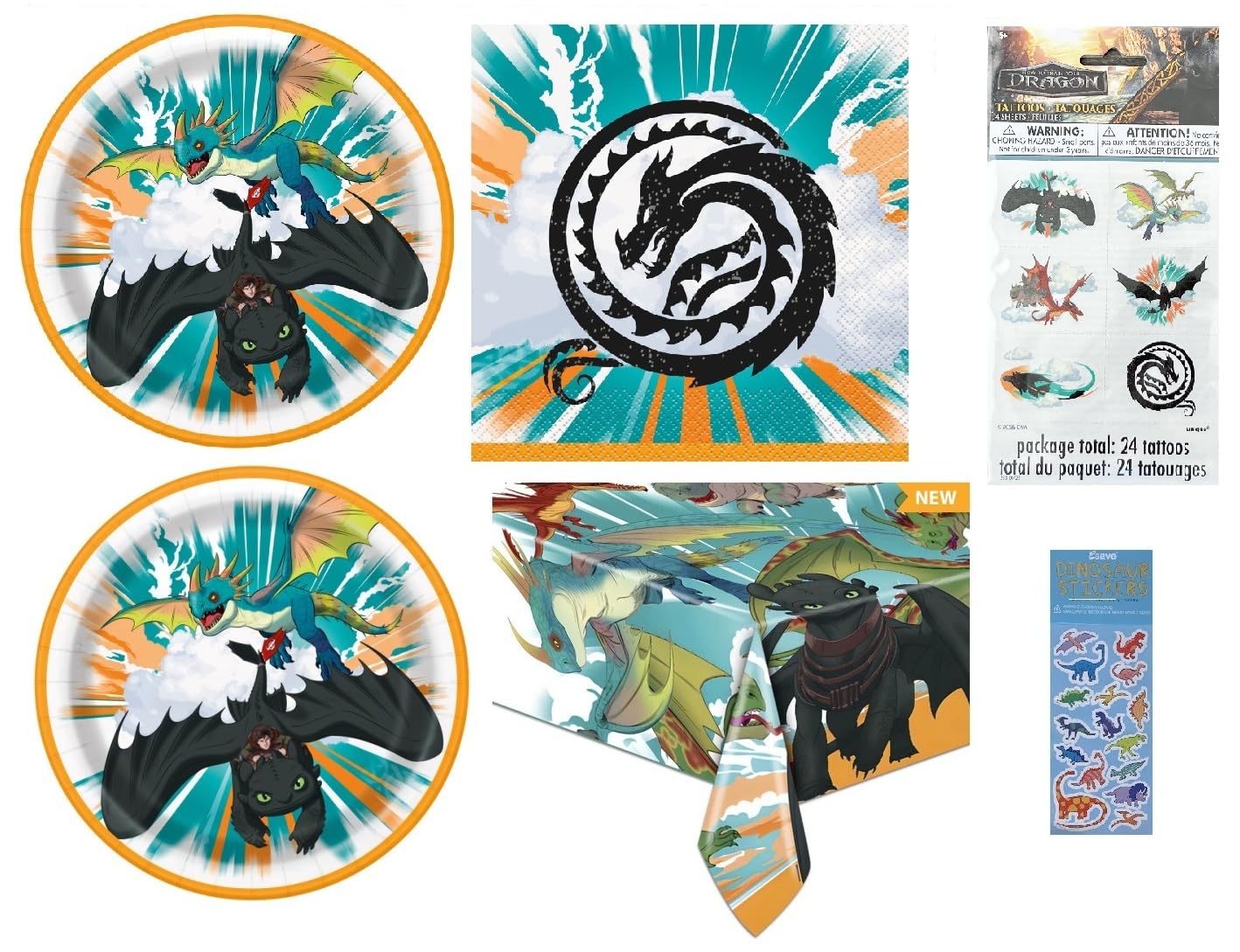 How to Train Your Dragon Birthday Party Bundle Set includes 16 Lunch Plates, 16 Lunch Napkins, 1 Table Cover, 24Tattoos, 1 Dinosaur Sticker Sheet