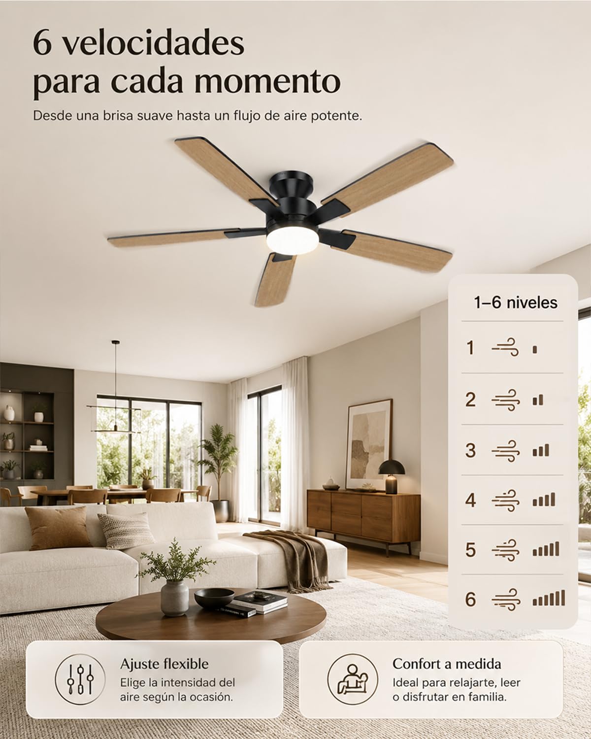 Airwit 132cm Gran Flujo de Aire Ventilador de Techo con Luz, Silencioso Ventilador Techo con Mando a Distancia, 6 Velocidades, Lampara LED Regulable, Motor DC Reversible para Dormitorio Salon Cocina
