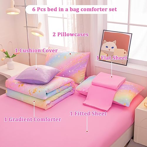 Miniatura 10 de Girls Twin Bedding Set Galaxy Comforter Set 6 Pieces, Twin Bedding Sets for Girls Glitter Kids Twin Comforter, Rainbow Comforter Twin Bed Sheets and