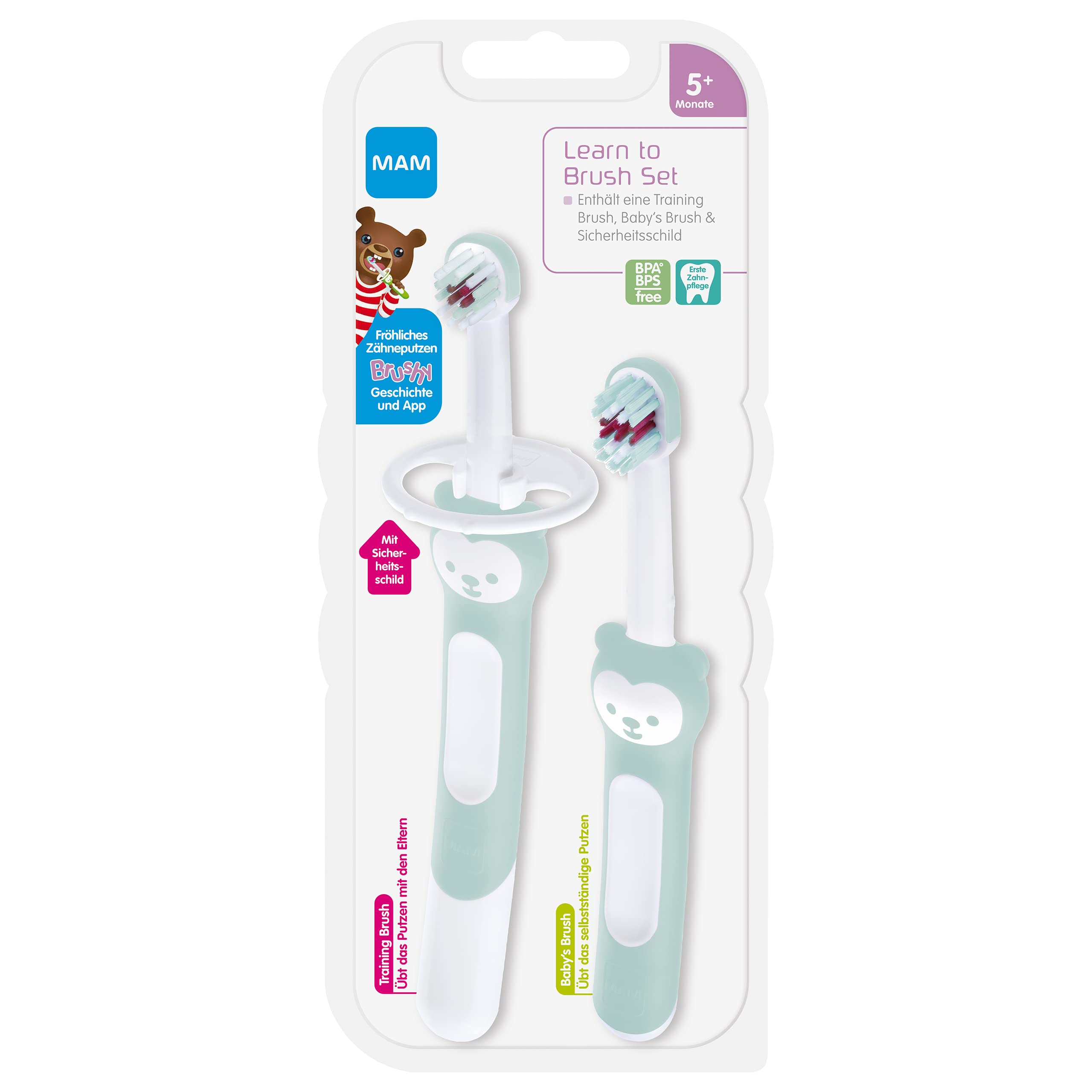 MAM Learn to Brush Set, szczoteczka do zębów dla niemowląt z długim uchwytem do wspólnego trzymania, szczoteczka do zębów dla dzieci trenuje mycie zębów, od 5+ miesięcy, turkusowa, 1 sztuka (1