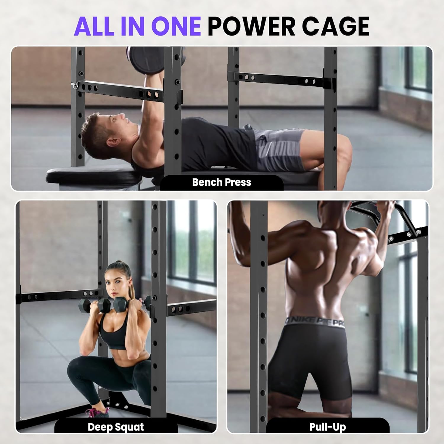 Power Cage, 81.5“*44.3”*45.6 “ in,1200 lbs Multi-Purpose Power Cage， Indoor Adjustable Comprehensive Training Device Squat Bench Press Training Frame, Ideal for home, gym, boot camp