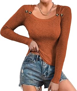 Women Square Neck Knit Long Sleeve Sweater Slim Fit Ribbed Basic Business Work Tee Fall Fashion Outfits Clothes