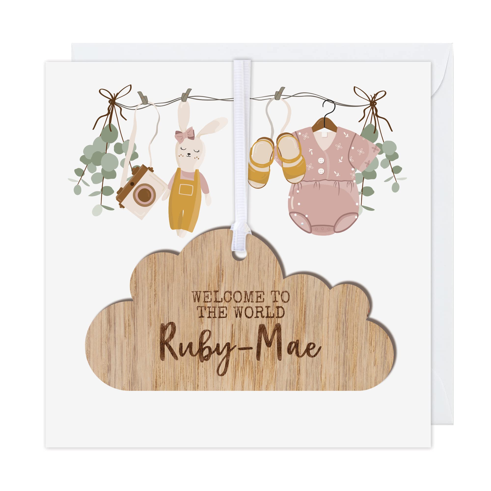 Personalised New Baby Girl Card With Wooden Hanging Cloud Plaque Keepsake - Welcome To The World Little One Gift (Pink Personalised)