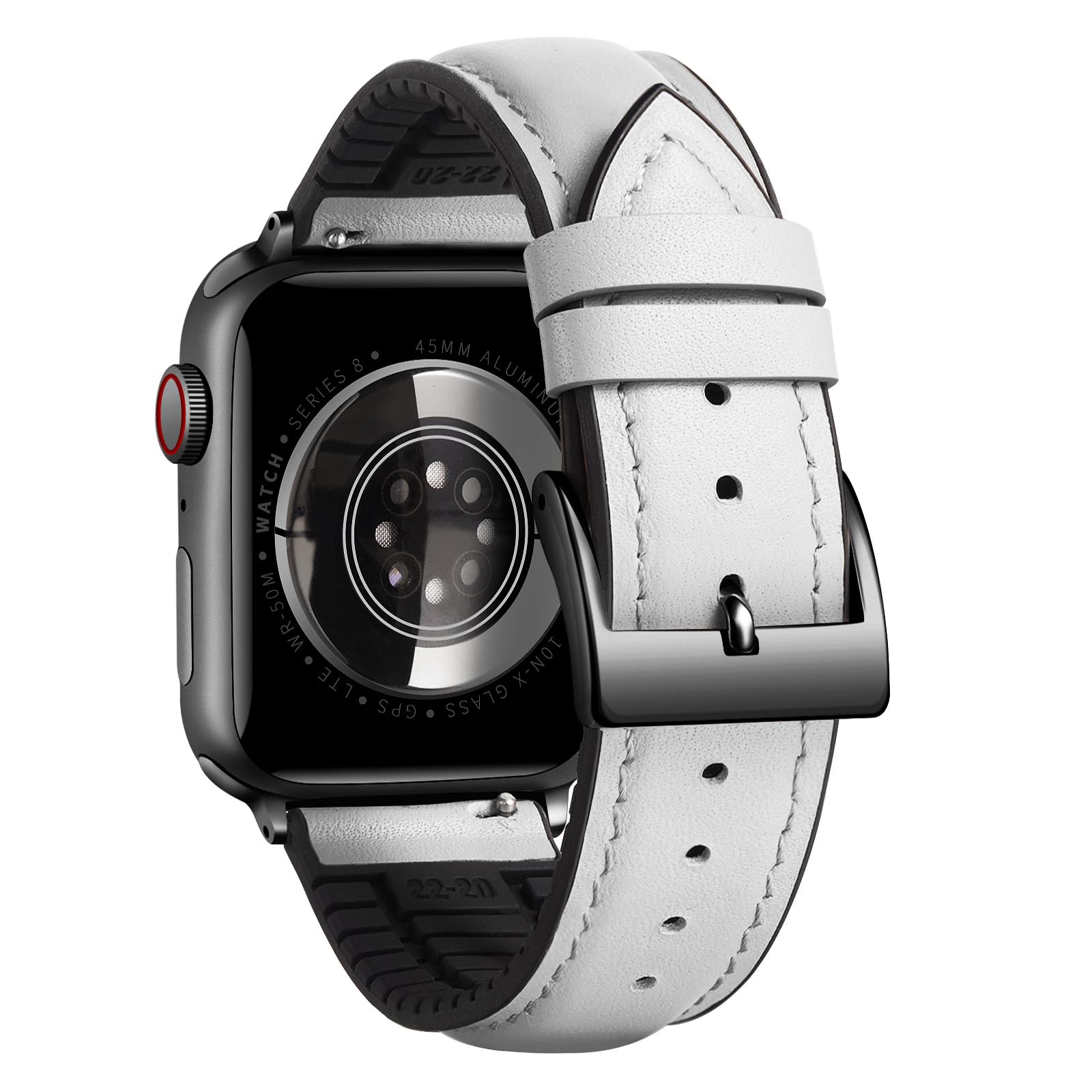 BINLUN Compatible with Apple Watch Bands Leather Soft Silicone Inner Hybrid Sweatproof 42mm 44mm 45mm 46mm 49mm Watch Strap for iWatch Ultra SE Series 11/10/9/8/7/6/5/4/3/2/1(Black Buckle,White)