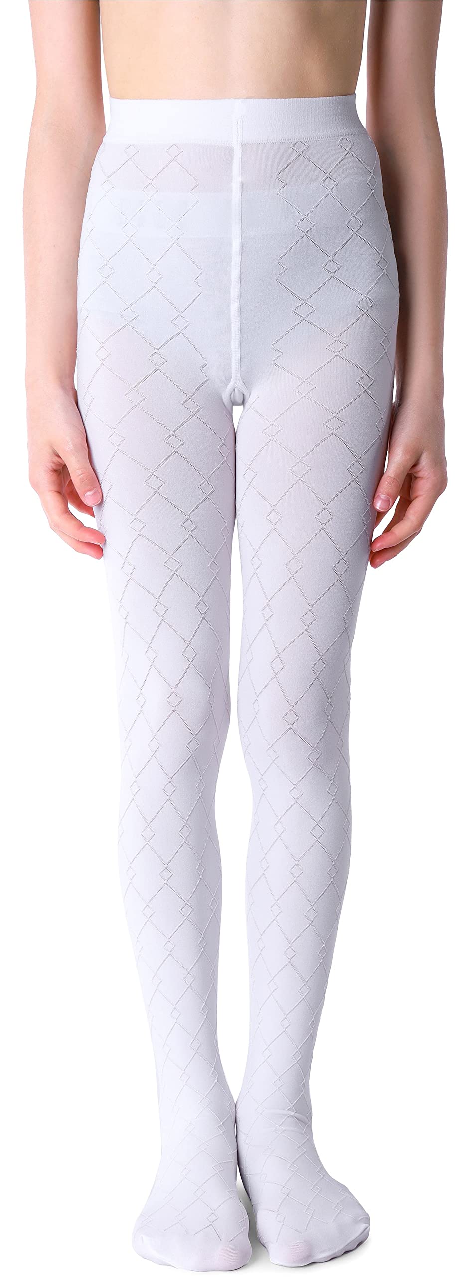 Noq Girls Geo Bianco Tights With 3D Effect Pattern Plain Dance Gymnastic School Pantyhose Fancy Outfit Little Princess, 10-11 Years (140-146 Cm)