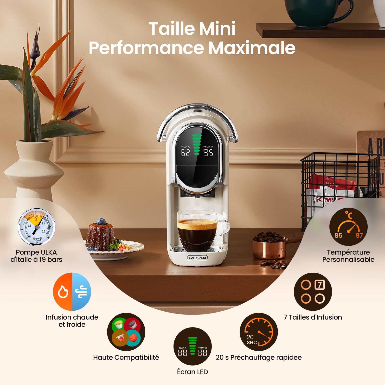 Magician1 Machine à café Capsules pour Nespresso, Dolce Gusto, Lavazza A Modo Mio, Dosettes ESE 44mm et Café Moulu, Température et Taille Tasse Réglable, 20Bar, Cafetière Chaud ou Froid (Blanc)