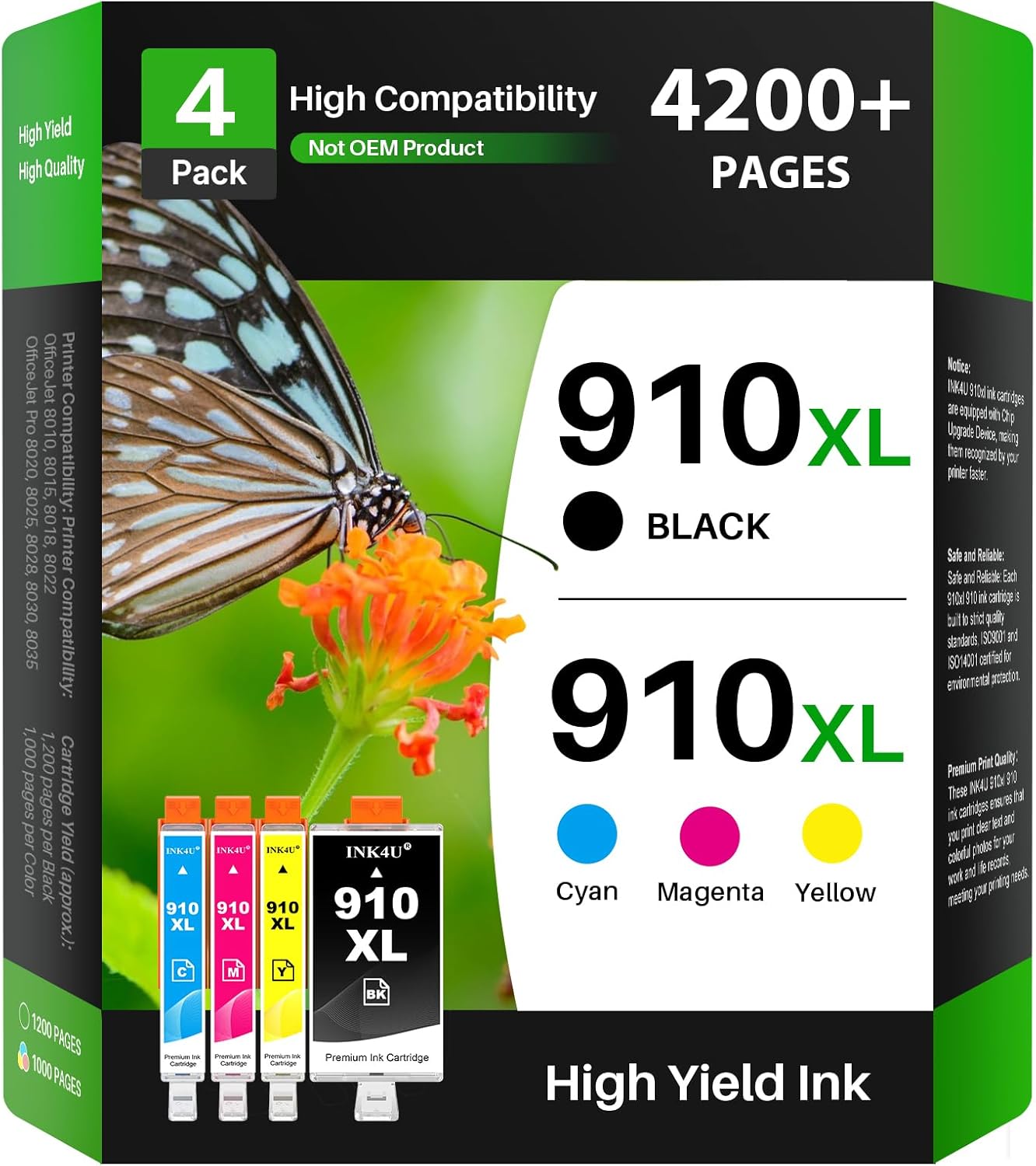 910XL Ink Cartridges for HP Printers Compatible Replacement for HP 910XL Ink Cartridges Combo Pack Work with OfficeJet Pro 8020 8025 8028 8030 8035 8010 8015 8018 8022 Printer (1BK/1C/1M/1Y, 4 Pack)