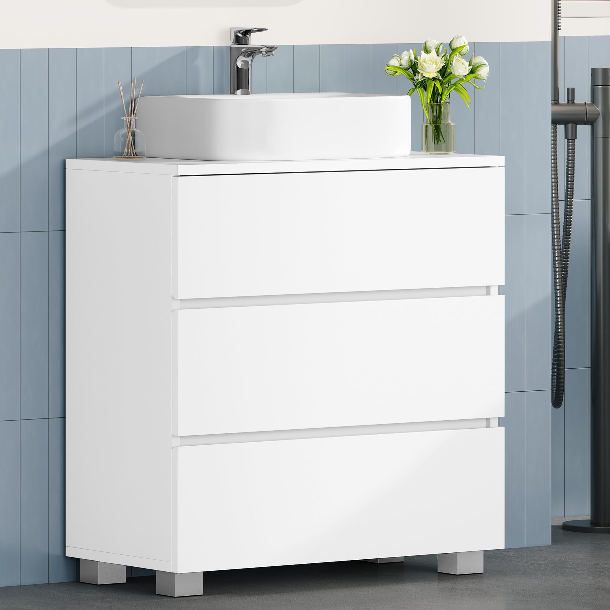 HEXCELEN Mueble Bajo Lavabo, Mueble Baño con 3 Cajones, Armario de Baño, con Patas Elevadas, para Lavabo Sin Reborde, Moderno, 30 x 60 x 63 cm, Blanco