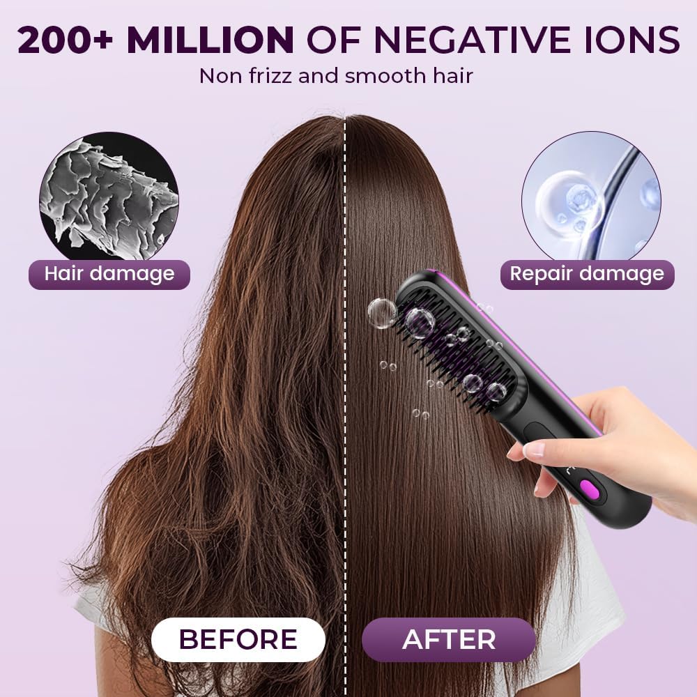 2026 Upgraded Cordless Hair Straightener Brush, Fast Heating Portable Hair Straightener Comb for Women Travel Essentials with 3 Adjustable Temperature Black