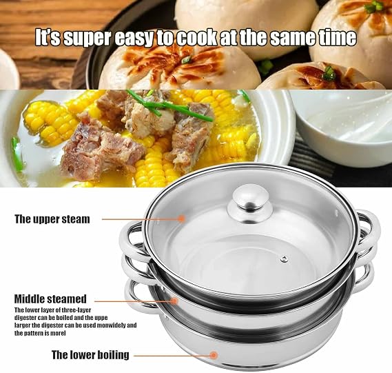 3 Tier Steamer with Glass Lid Stainless Steel Cooking Pot Kitchen Food | Professional Kitchen Cookware for Vegetables and Rice