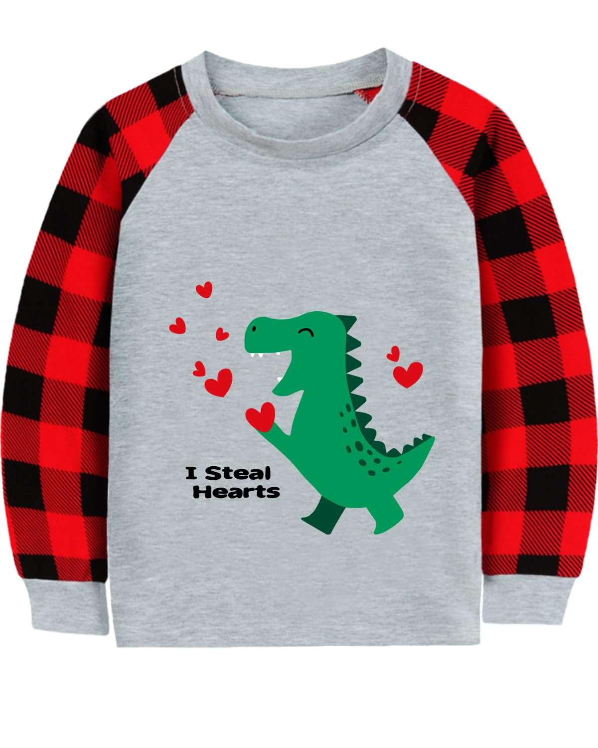 CM-Kid Toddler Boys Valentine Shirt Monster Truck Dino Train Heart Tshirt Red Plaid Long Sleeve Tops for Kids 2-7 Years