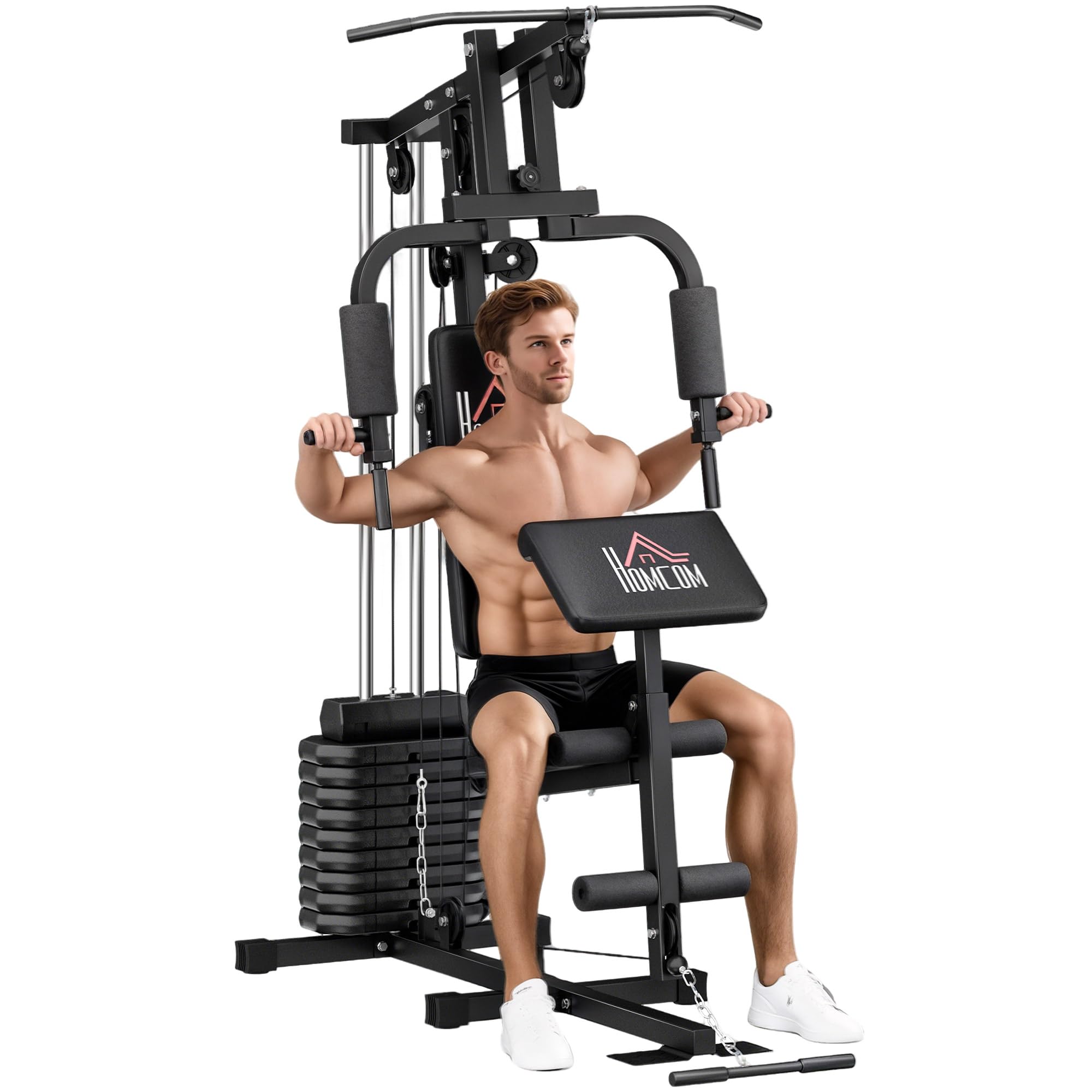 Stazione Fitness Multifunzione HOMCOM Con Pesi 45kg - Power Tower Per Allenamento Casa, Panca Imbottita 135x103x210cm