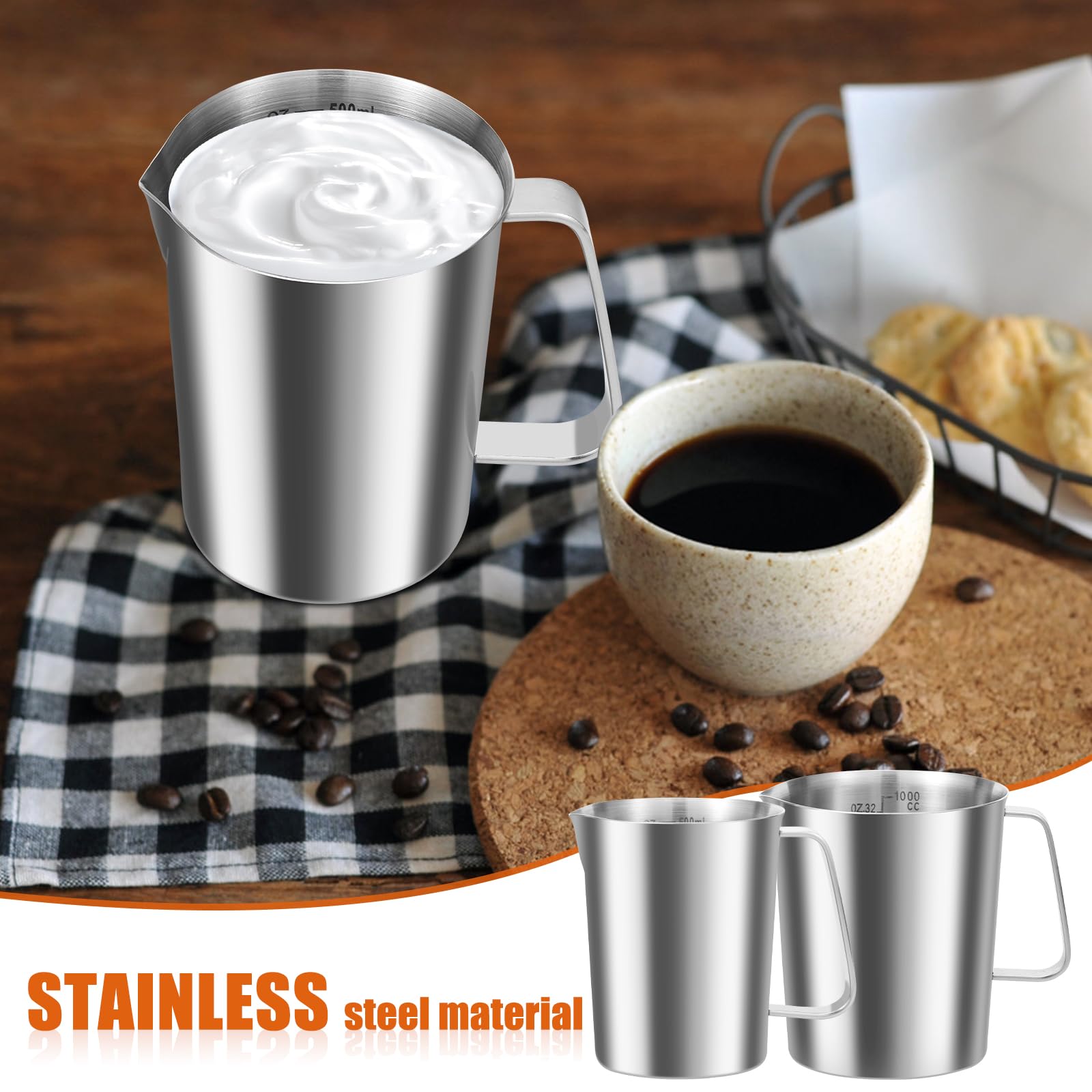 Zestaw 2 kubków z miarką ze stali nierdzewnej, 500 ml i 1000 ml, ze skalą i dzióbkiem, wytrzymałe kubki kuchenne ze stali nierdzewnej z uchwytem, do kawy, baru, restauracji i pieczenia