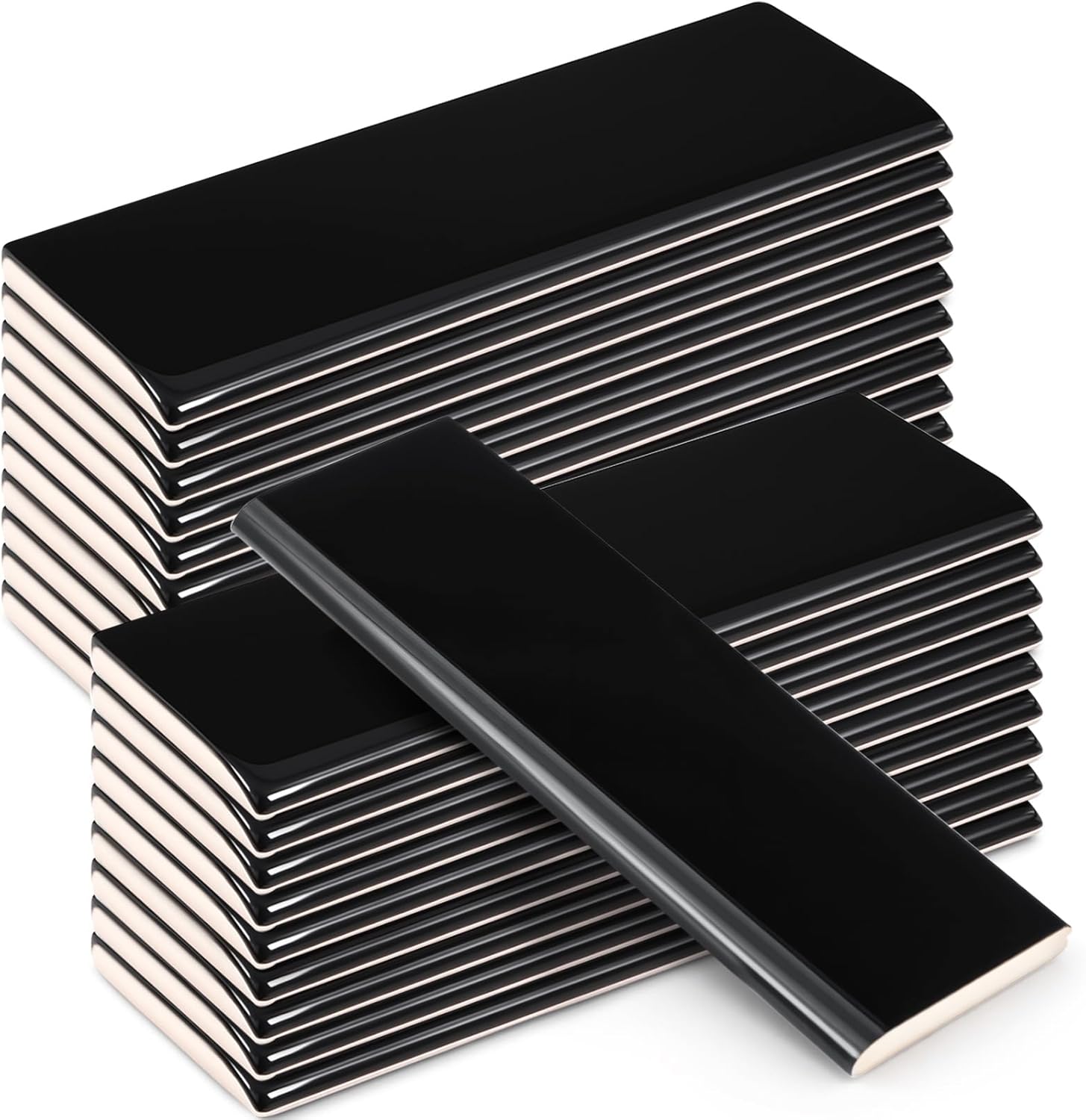 Maasechs 20pcs 2x6 Black Glossy Ceramic Bullnose Trim Tiles - Single Round Edge for Kitchen Backsplash, Bathroom & Shower Walls