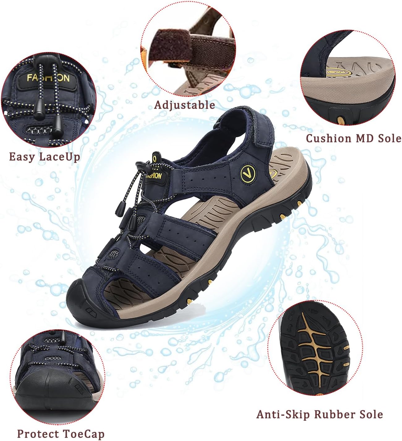 FLARUT Men's Sport Sandals Outdoor Hiking Sandals Closed Toe Leather Athletic Lightweight Trail Walking Casual Sandals Water Shoes - Image 3
