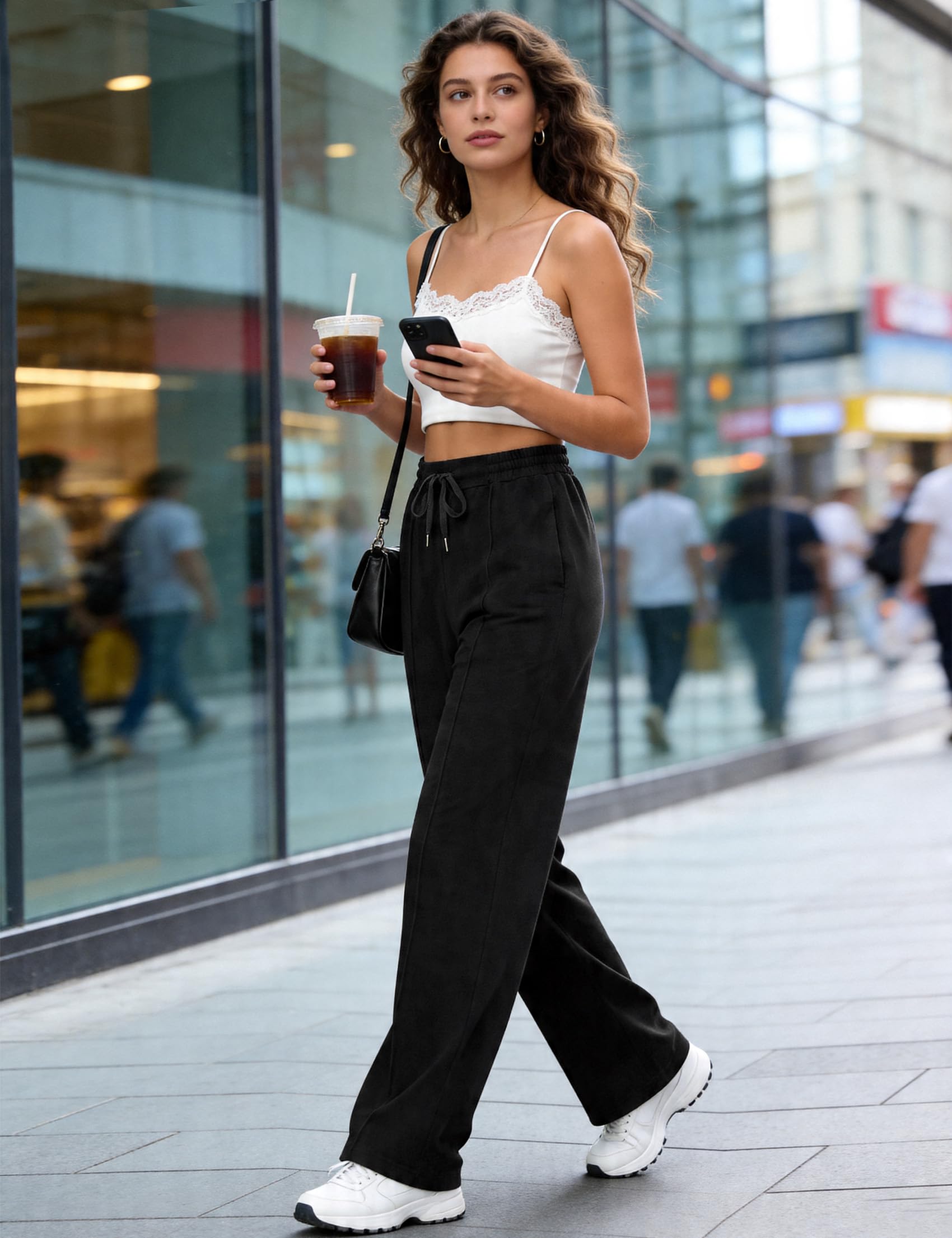 Jogginghose Baumwolle Damen Lang Hose High Waist Einfarbige Gerade Hose mit Taschen für Frauen Freizeithose Sporthose Fitnesshose für Jogging Sport Gym