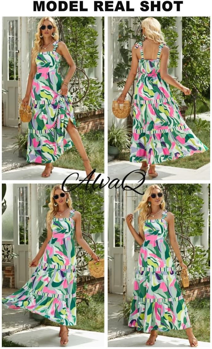 AlvaQ Women's 2025 Summer Sleeveless Floral Print Maxi Dress Strap Square Neck Beach Sun Dress - Image 4