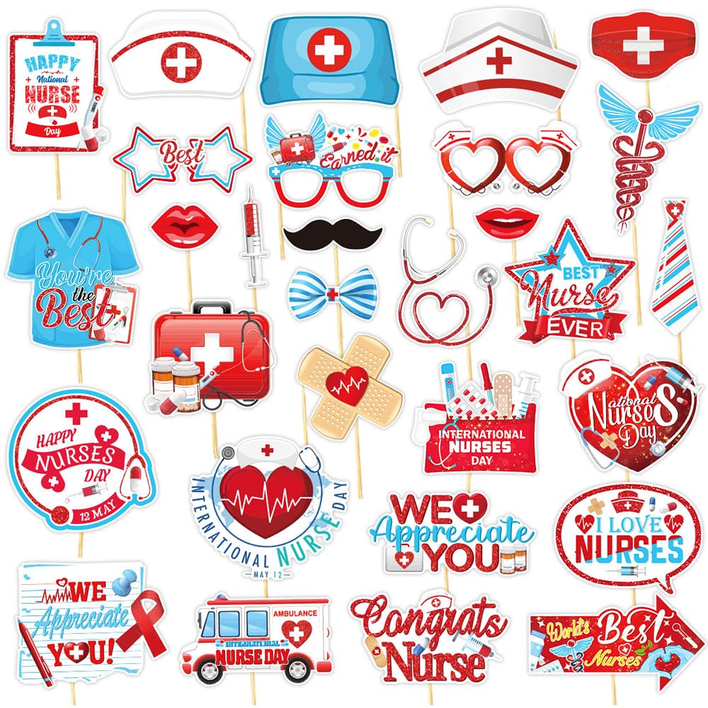 Gotgala 30Pcs Nurse Photo Booth Props Thank You Nurses Graduation Party Decoration For Nurse Themed Appreciation Week Party Happy International Day Party Decorations