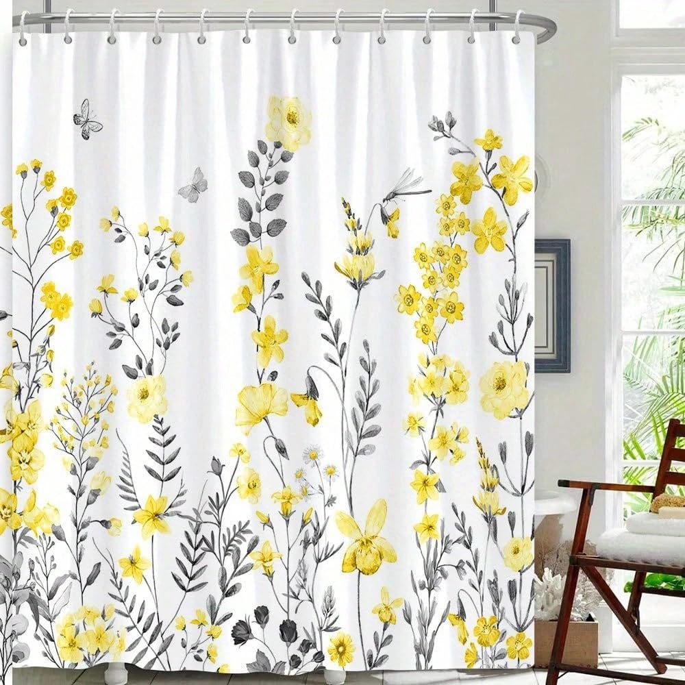 GLKSDLPO Botanical Yellow And Gray Floral Bathroom Shower Curtain, Monochrome Watercolor Flowers Elegant Natural Decor(200x200cm/79x79in(WxH)
