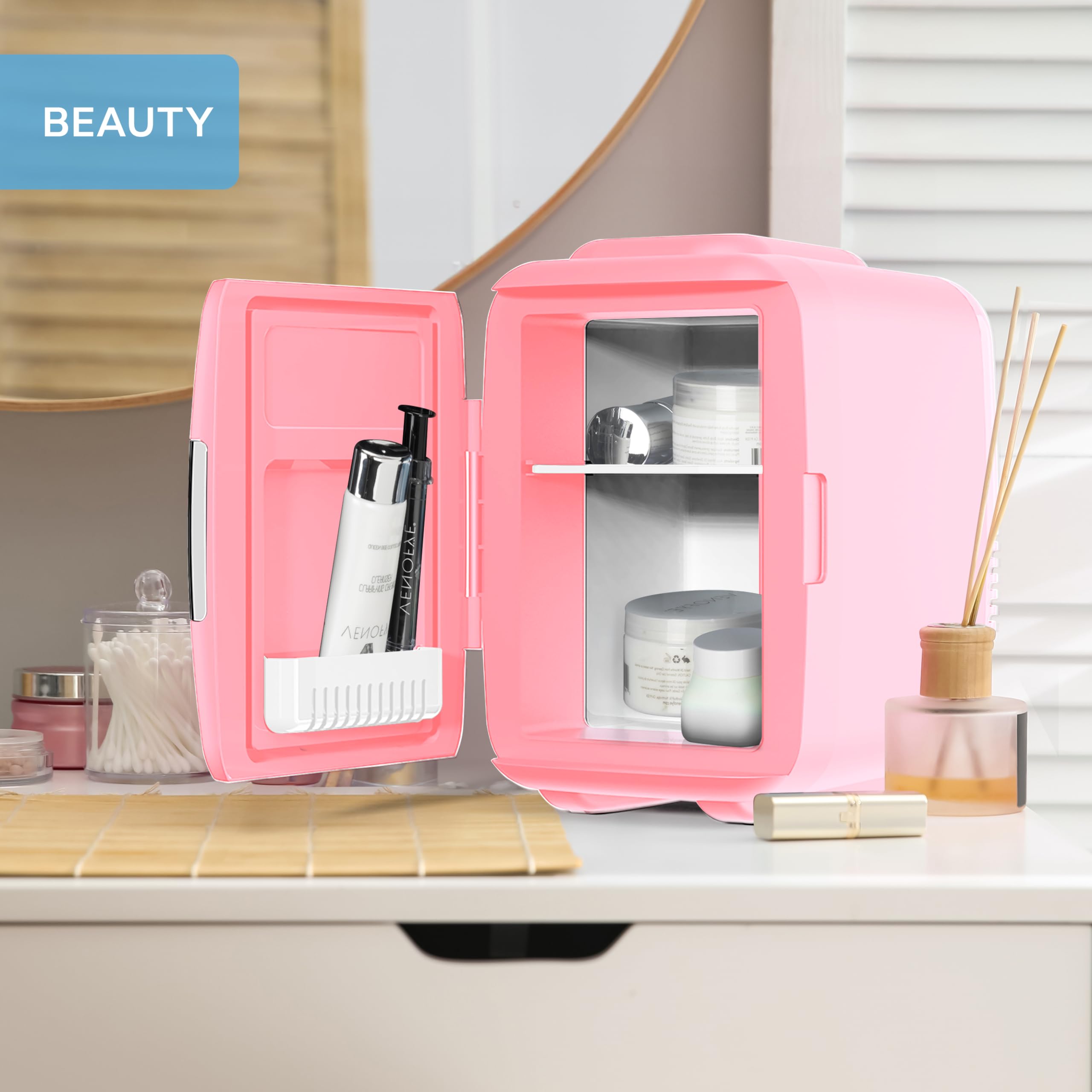 Body Escape Mini Beauty Fridge for Skincare - Birthday Gifts for Her - Retro, Portable, Compact and Quiet Small Fridge for Makeup - 5L - Pink Mono