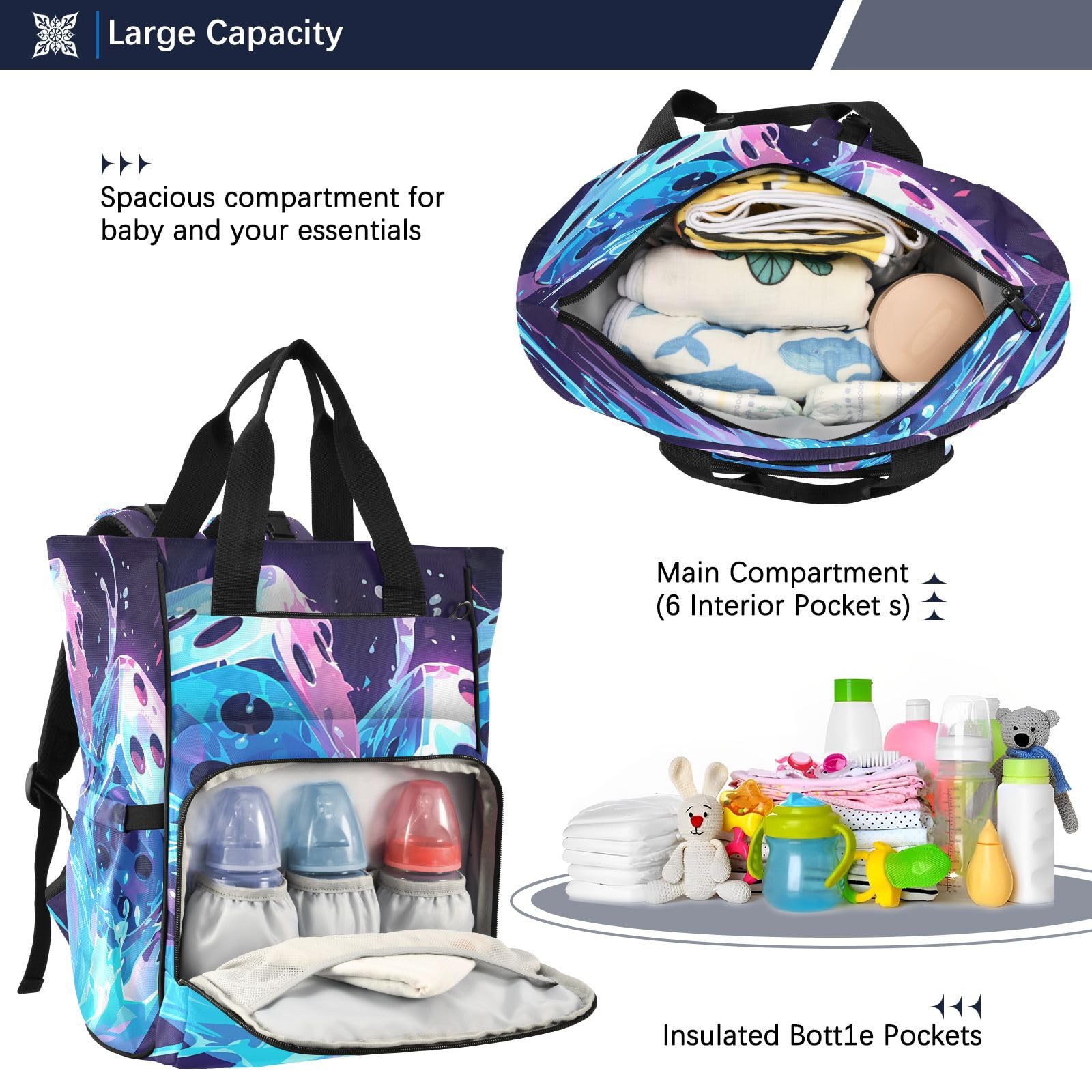 Dados Azules Salpicaduras Vibrantes Bolsa de Pañales Mochila de Viaje Gran Capacidad Bolsas para Mamá Papá Mujeres Niñas