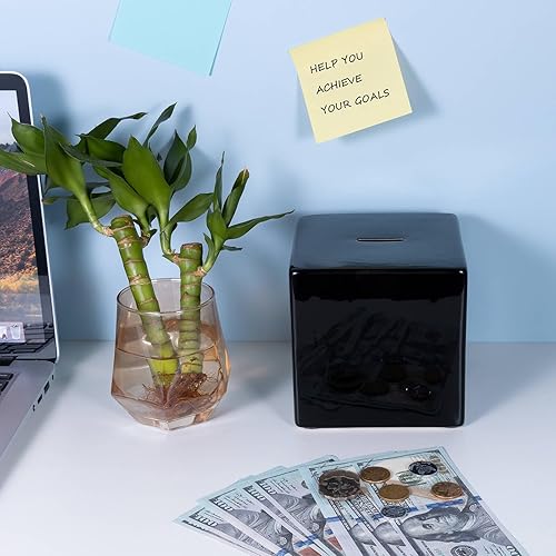 Miniatura 2 de Alcancías para adultos, caja de ahorros de cerámica, solo puede salvar la alcancía que no se puede sacar (negro, 4.72 pulgadas)