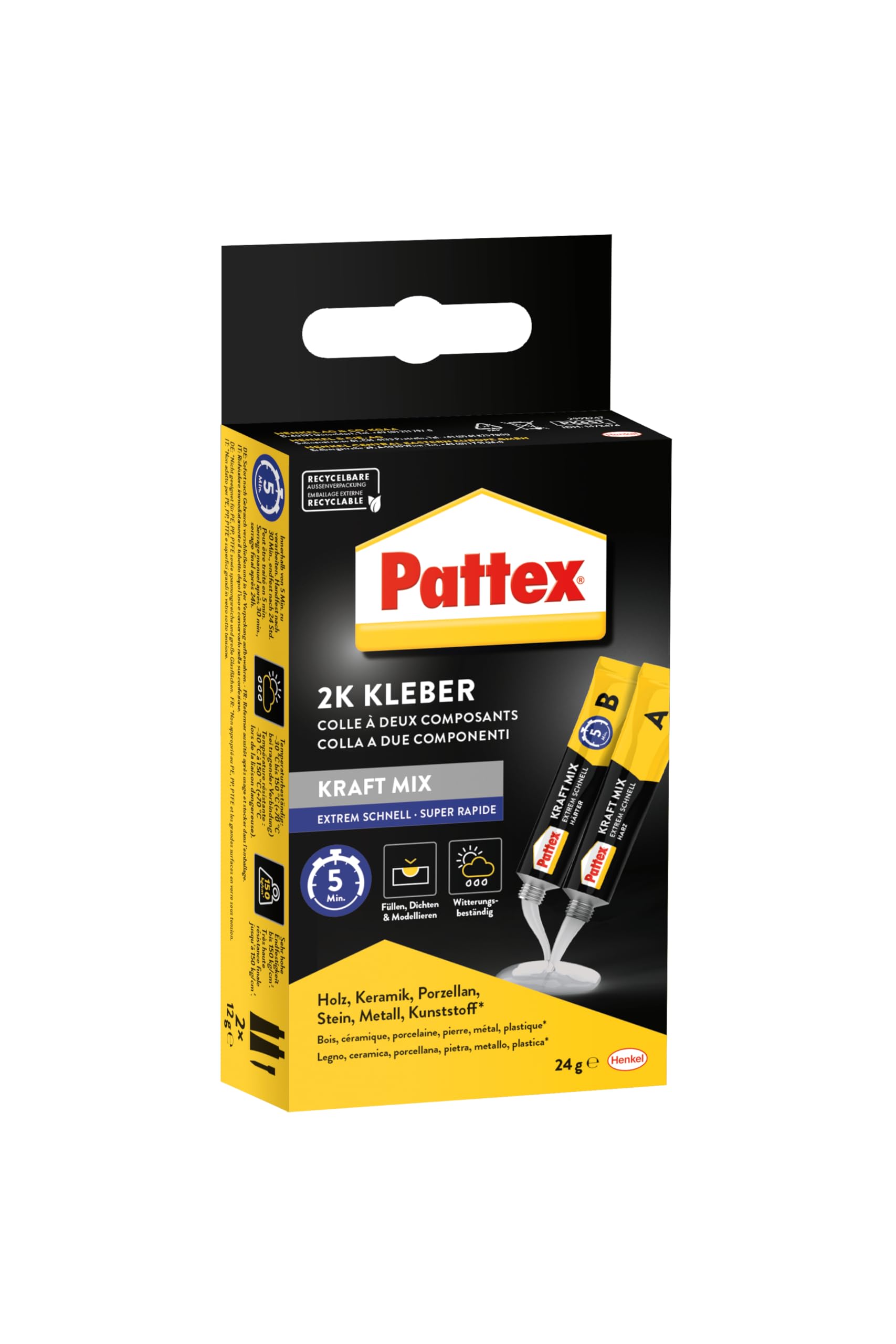 Pattex Kraft-Mix Extrem Schnell, extrem schnell härtender 2 Komponenten Kleber auf Epoxidharz Basis, 2K Kleber mit hoher Beständigkeit für viele Materialien, 2x12g Tube