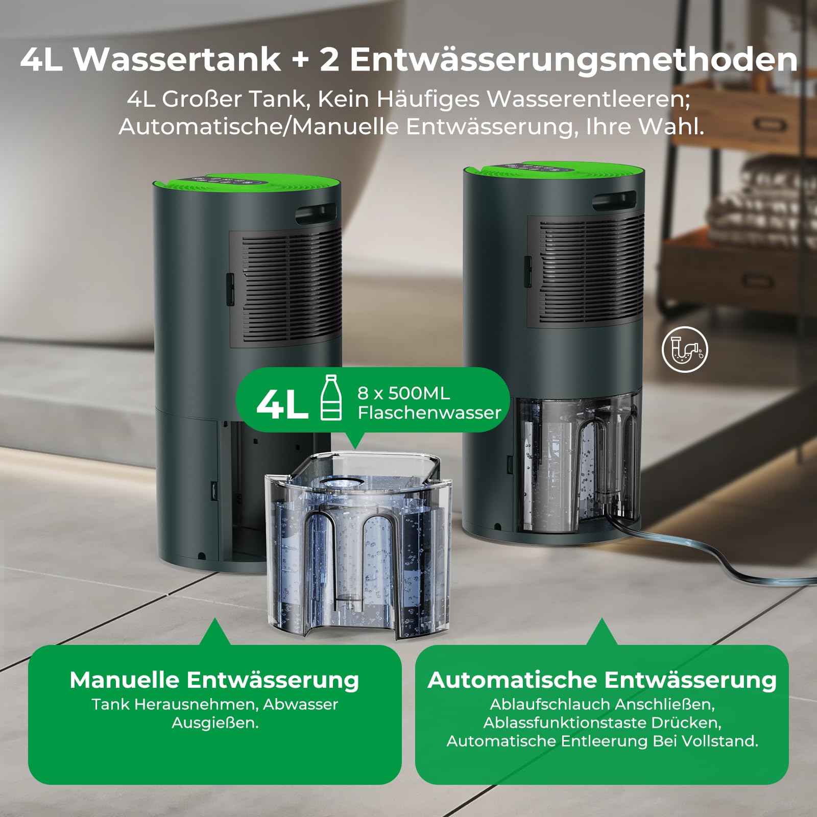 Evaporative Luftentfeuchter 16L/24H mit Waschetrockner & Luftreiniger, Funktioniert auch bei -15°C, mit Ablaufschlauch, 100m² Abdeckung für Keller, Bad, Schlafzimmer, Küche