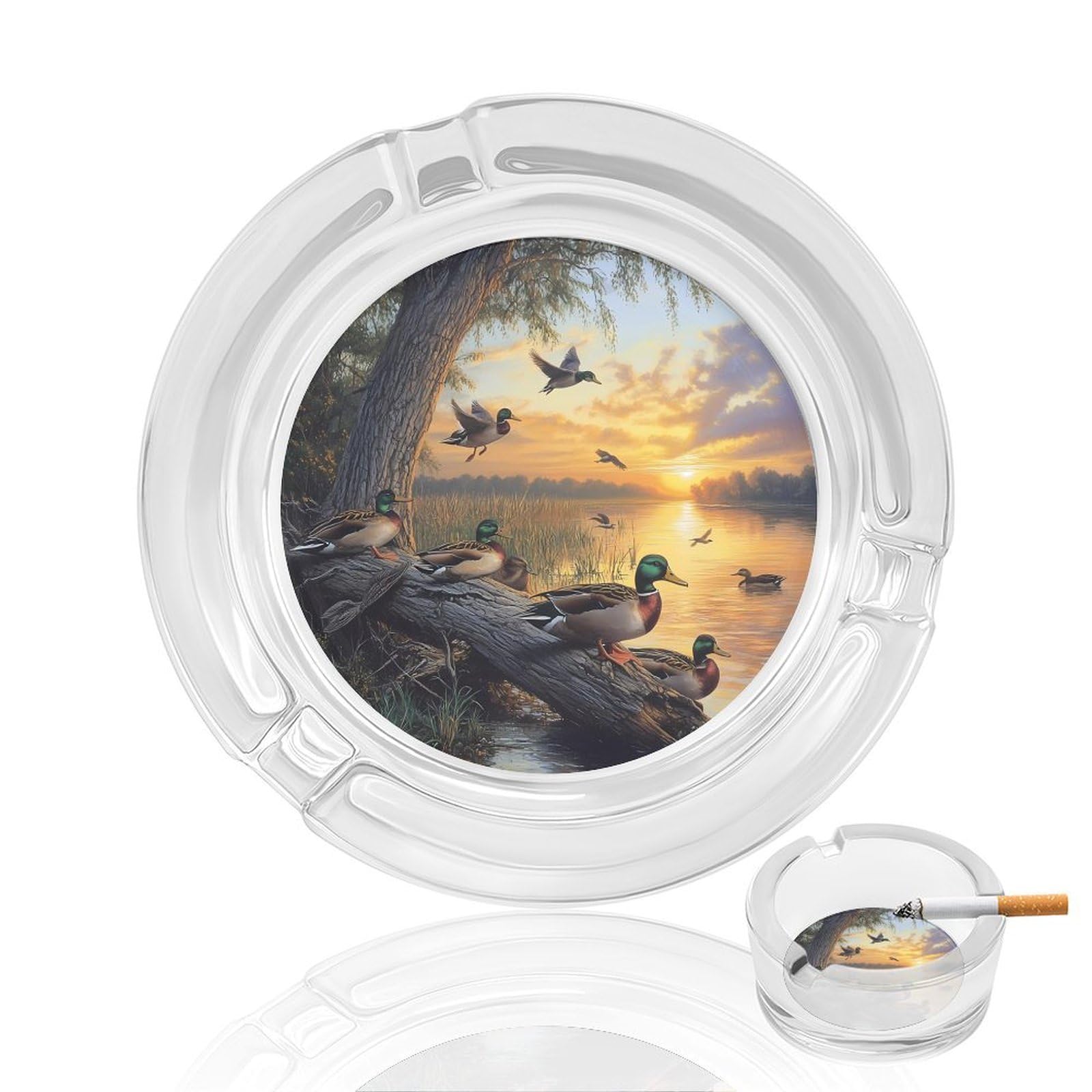 Mallard Ducks Lake Ashtray Portable Round Glass Outdoor Ash Tray for Home Office Garden Pub