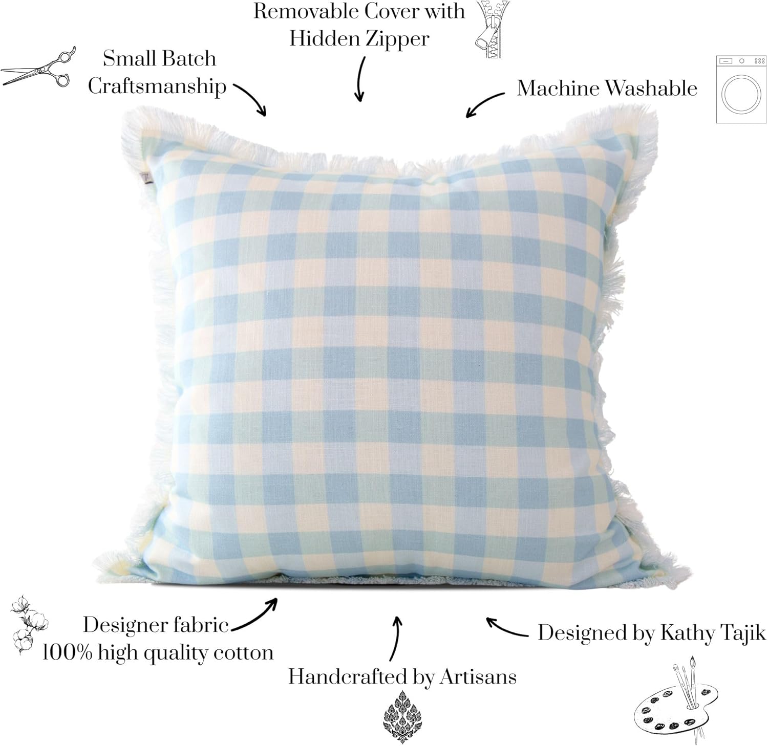 Tajik Home Idamae Gingham Sky Blue Pillow Cover – 22x22 Throw Pillow Case, 100% Cotton, Hidden Zipper, Coastal Décor - Image 5
